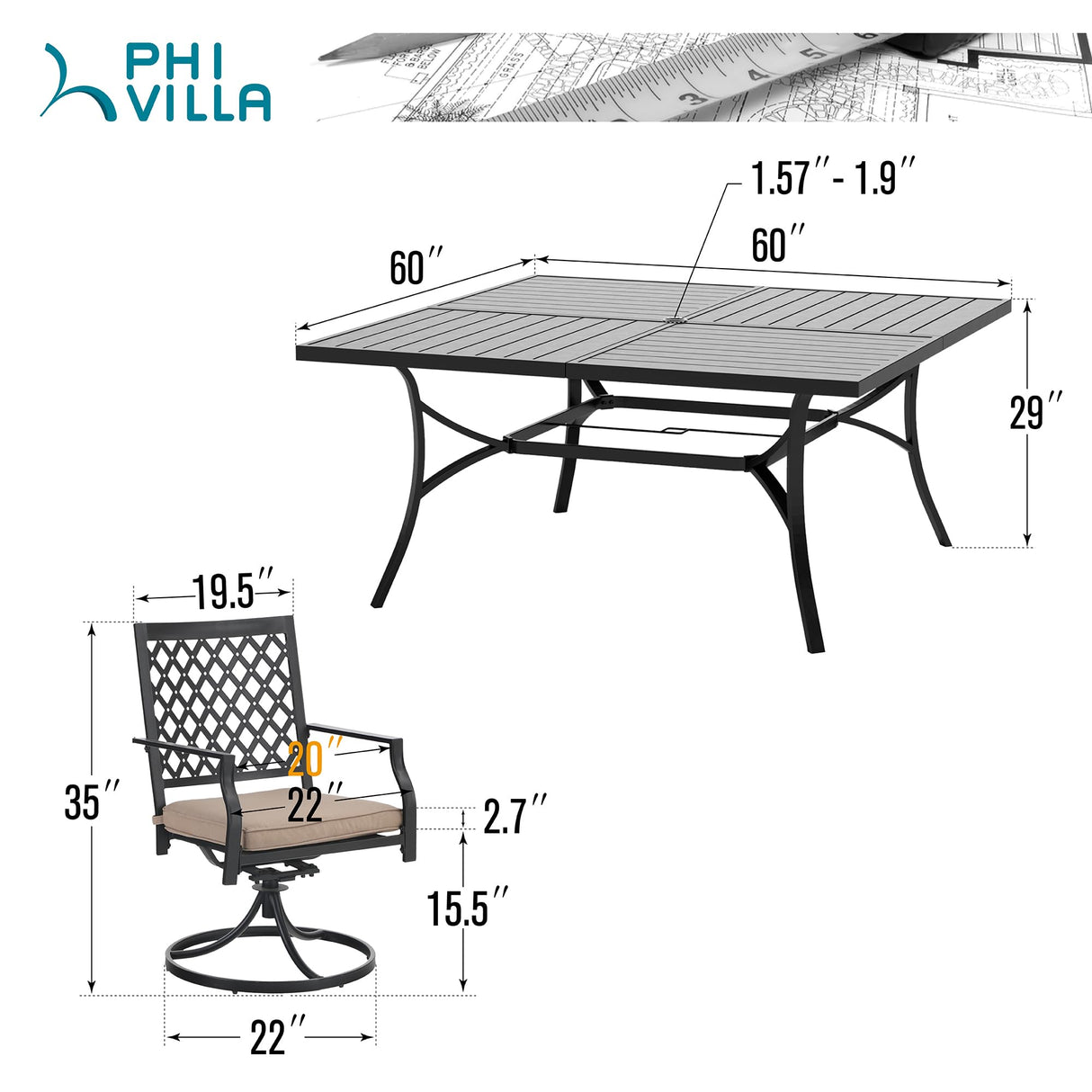 PHI VILLA 9-Piece Metal Patio Outdoor Table and Chairs Outdoor Dining Set - Large Square Patio Table and 8 Backyard Garden Chairs, Black PHI VILLA