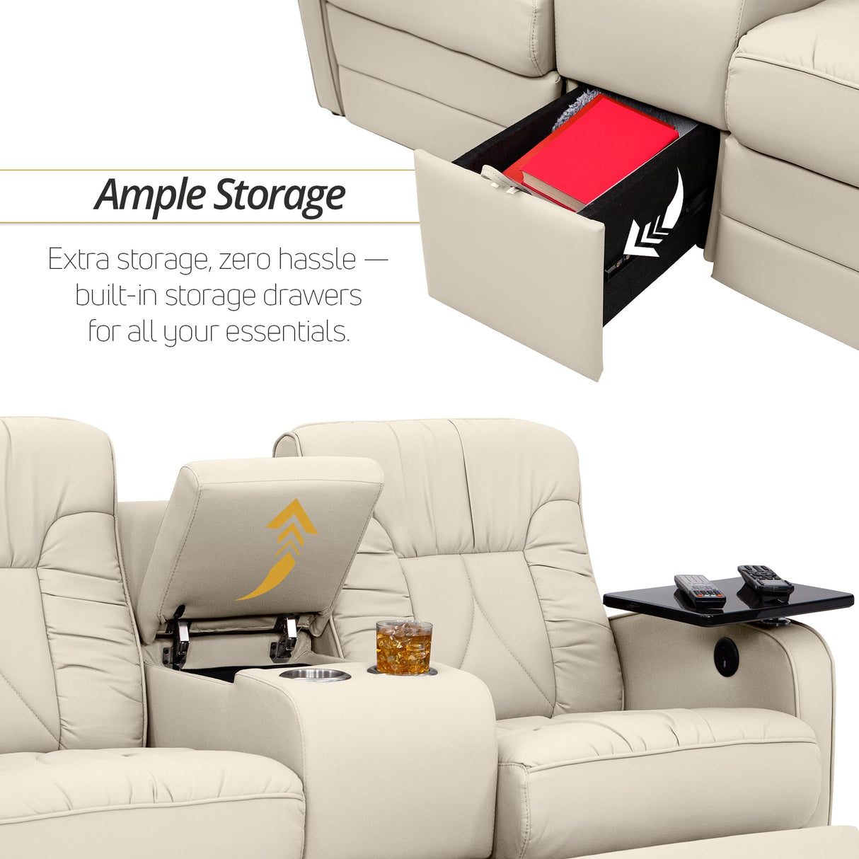 Qualitex De Leon RV Loveseat w/Storage Console, Ultimate Leather, Heat and Massage, Power Recline, Bisque Qualitex