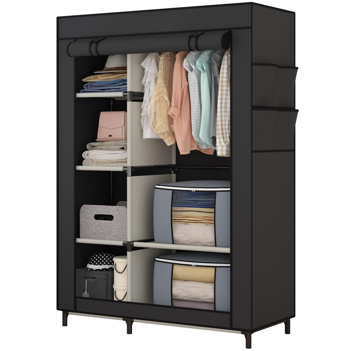 Calmootey Portable Closet, Wardrobe with 6 Shelves and Hanging Rod, Storage Organizer for Bedroom, Non-Woven Fabric Cover with 4 Side Pockets, Includes 2 Storage Bags for Clothes, Black Calmootey