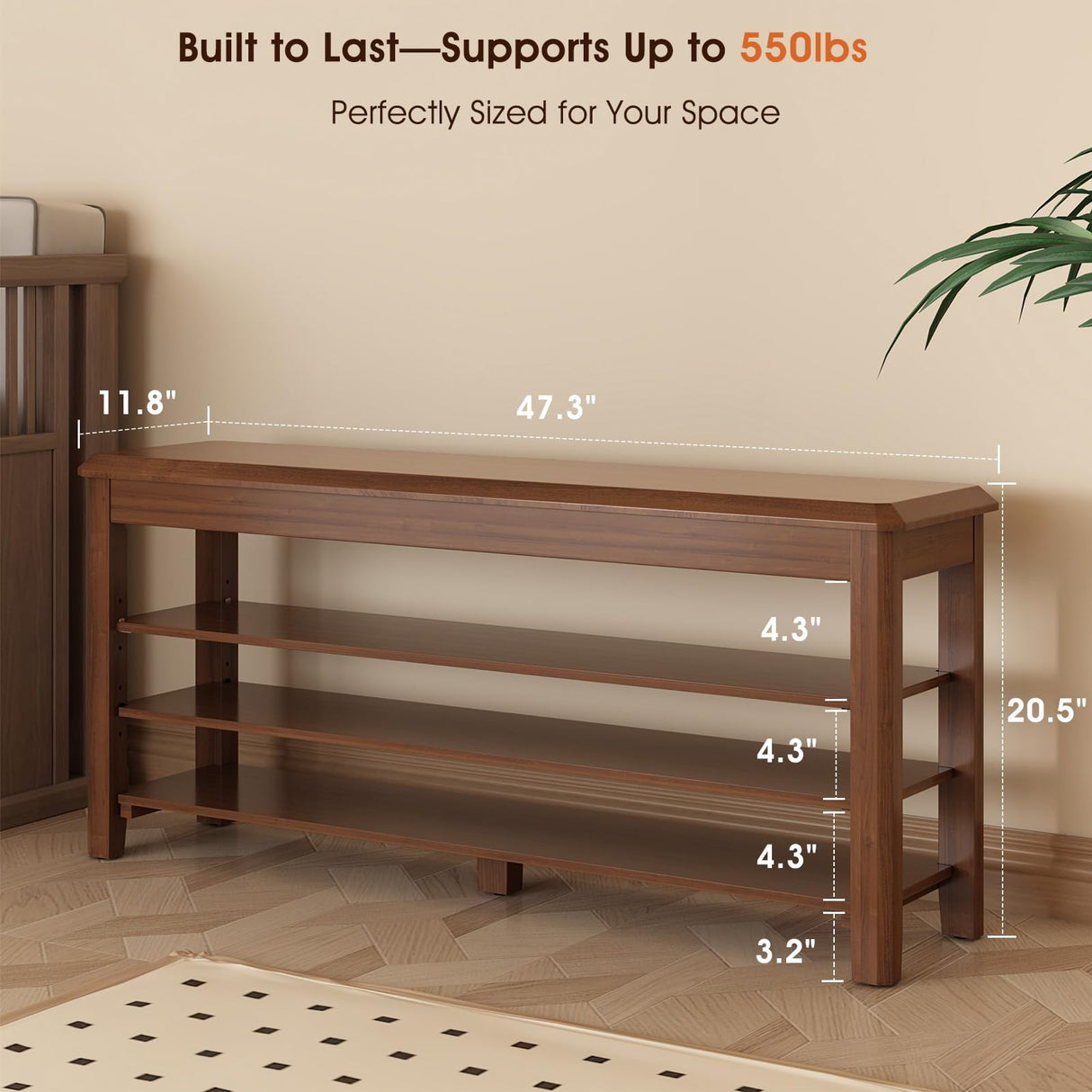 Shoe Bench for Entryway Wood Shoe Rack Bench with Storage 3-Tier Adjustable Shelf Holds up to 550lbs Indoor Bench for Small Spaces, Bedroom, Hallway, Front Door Entrance IUNVR