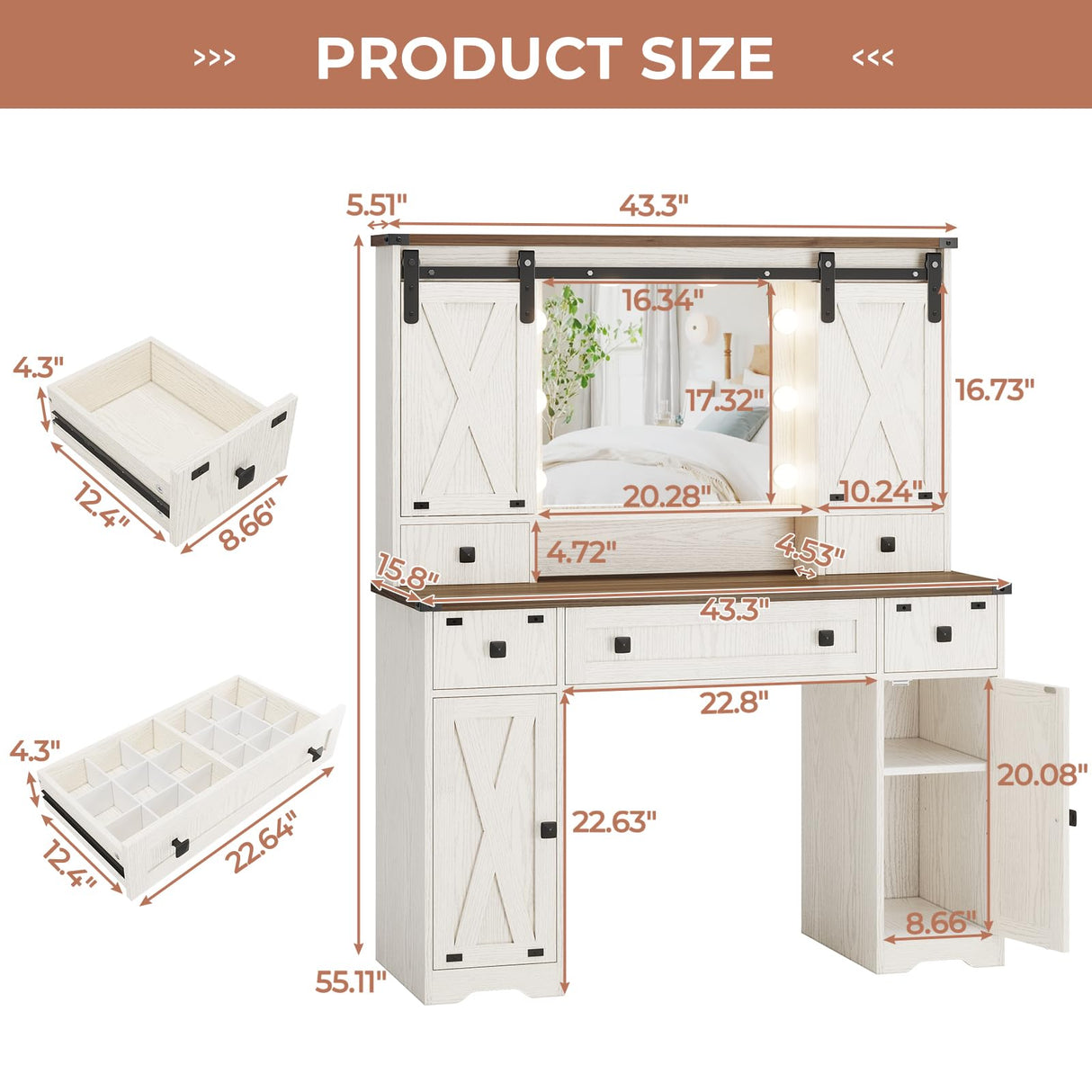 DICTAC Farmhouse Makeup Vanity Desk with Lighted Mirror & Power Strips, Vanity Table with Sliding Barn Door Hidden Shelves & 5 Drawers & 2 Cabinets, White Dressing Table for Bedroom, Lights Adjustable DICTAC