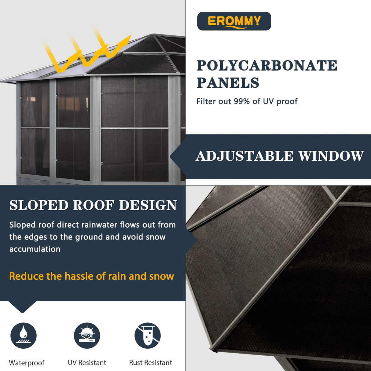 EROMMY 12' x 18' Sunroom, Solarium Gazebo with Aluminum Frame and Polycarbonate Roof, Outdoor Permanent Sun Room with Moveable PVC Screen and Sliding Door for Garden, Patio, Deck, Lawns EROMMY