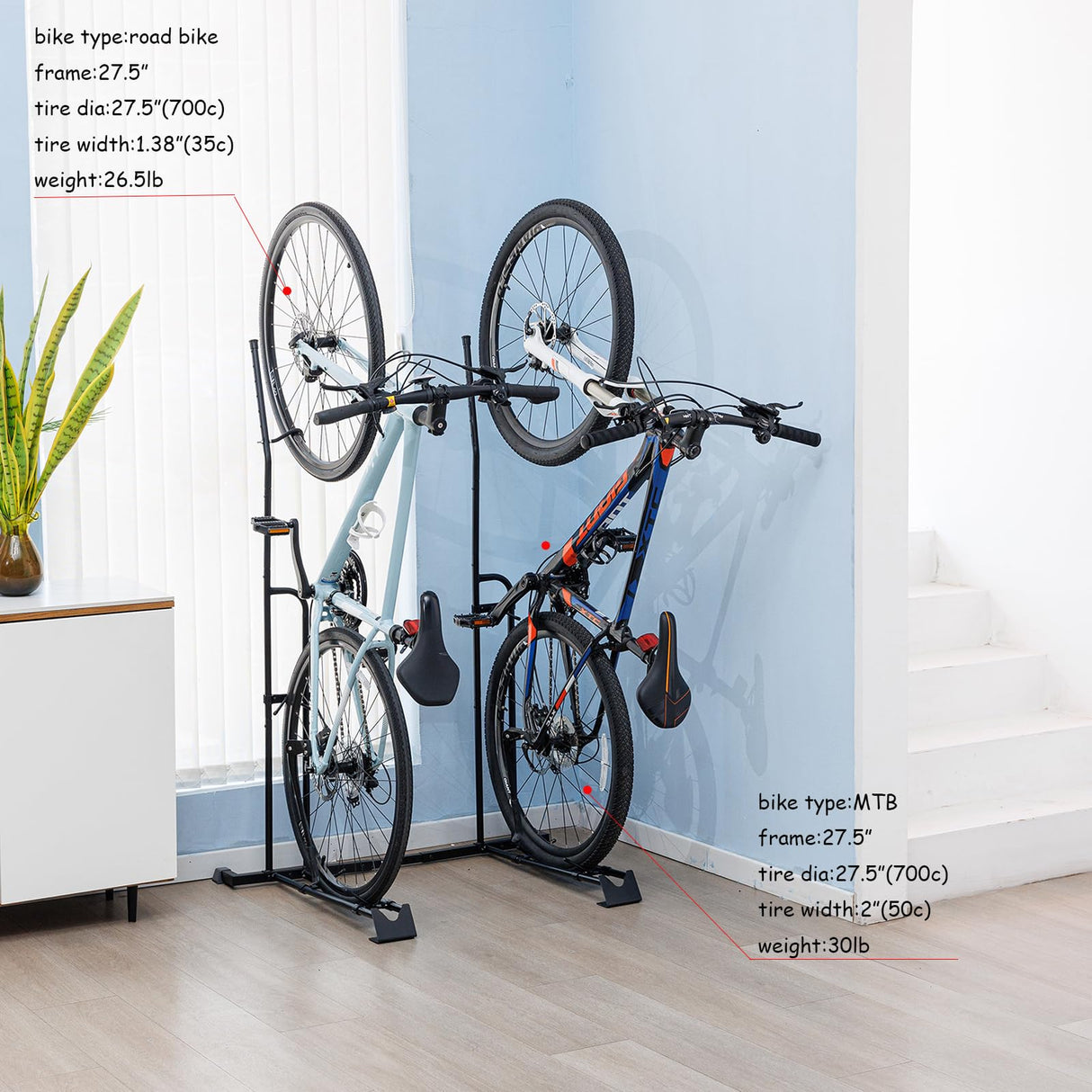 YueTong Vertical Bike Stand, 2 Bike Rack Garage, Upright and Horizontal, Indoor Bicycle Storage for Floor. YueTong