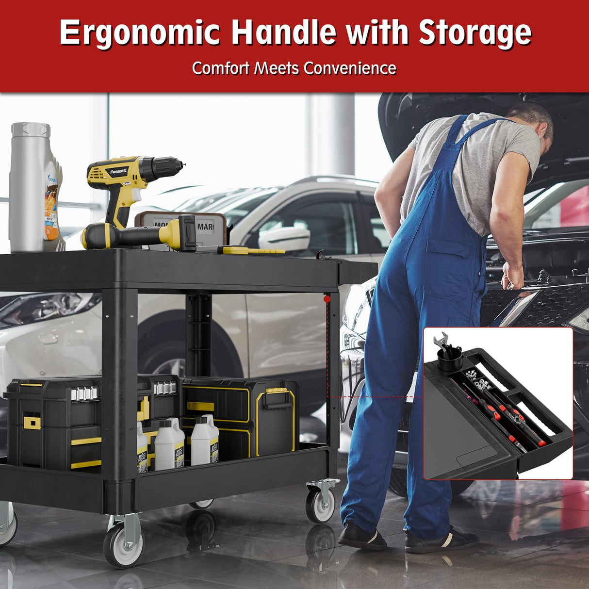 Flat Top Utility Cart, 2 Shelf Tool Cart on Wheels, 550 LBS Heavy Duty Rolling Service Cart with 360° Swivel Wheels and Ergonomics Handle for Warehouse Garage Garden Workshop, Black WXCOPON