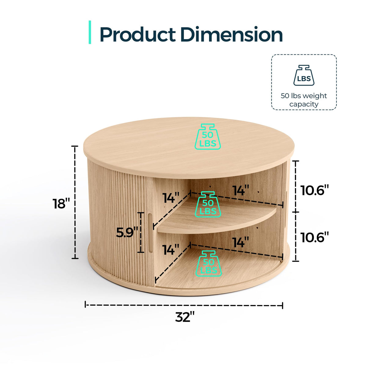 LINSY HOME Round Coffee Table, 31.5" Drum Coffee Table with Sliding Tambour Door, Fluted Accent Center Table with Storage, Mid Century Modern Coffee Table for Living Room, Oak LINSY HOME