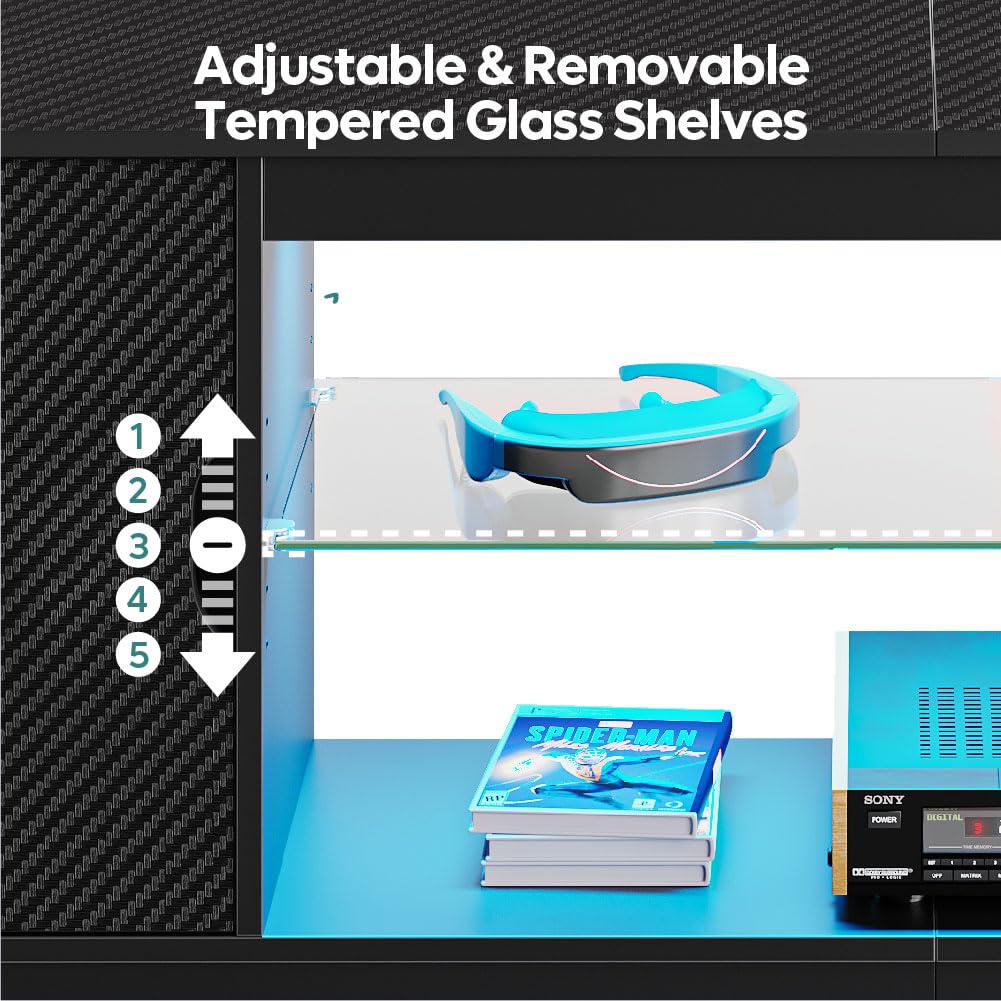 Bestier LED TV Stand for 55/60/65 Inch TV, Gaming Entertainment Center with Cabinet for PS5, Xbox,Modern TV Cabinet with Adjustable Glass Shelves for Living Room, Bedroom 58 Inch,Black Bestier