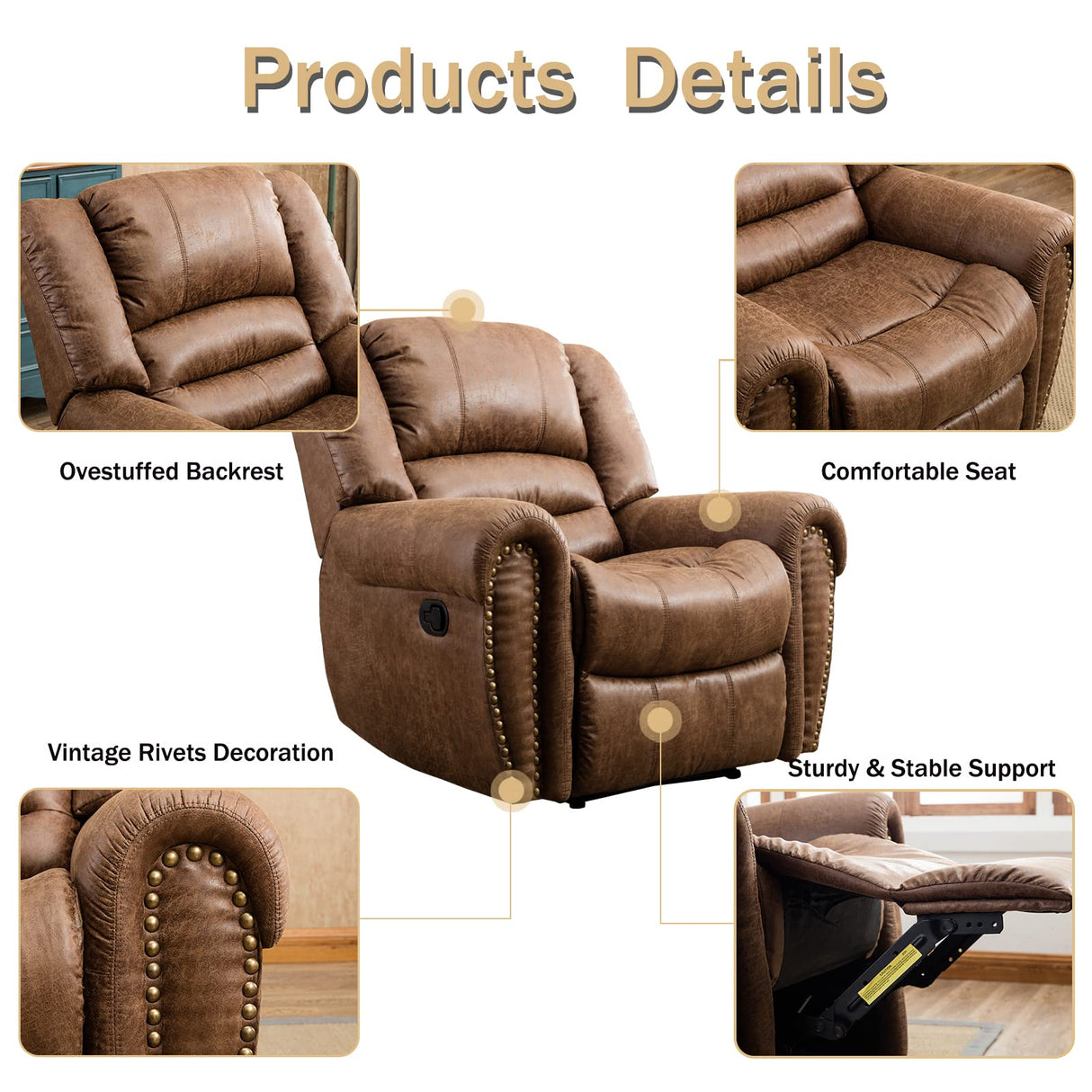 CANMOV Leather Recliner Chair, Classic and Traditional Manual Recliner Chair with Comfortable Arms and Back Single Sofa for Living Room, Nut Brown CANMOV