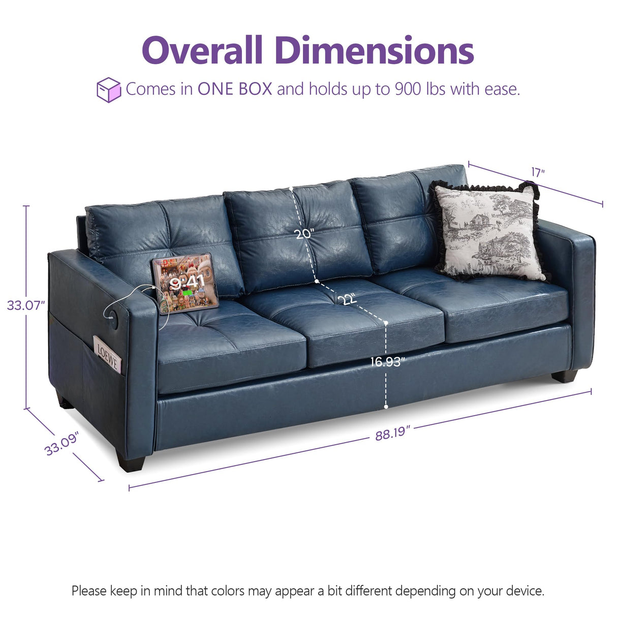 TYBOATLE 88" W Faux Leather Couch w/Side Pockets, Mid-Century Modern Tufted Comfy Leather Couches w/USB and Wider Arms, 3 Seater Sofa for Office, Apartment, Bedroom, Blue (Blue, 3 Seater) TYBOATLE