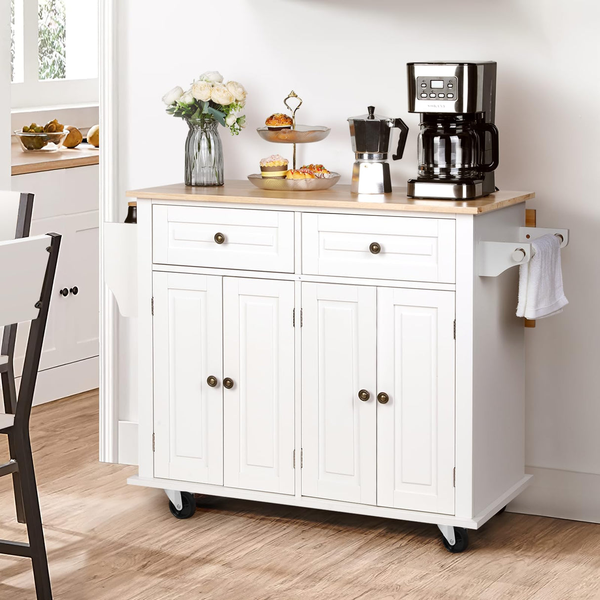 VOWNER 43" Kitchen Island with Drop Leaf, Island Table Kitchen with Storage, Solid Wood Countertop Rolling Kitchen Cart for Kitchen, Living Room VOWNER