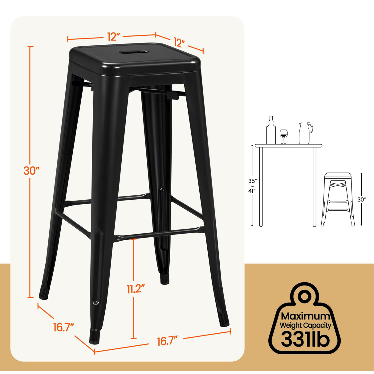 Yaheetech 30 Inch Metal Bar Stools Set of 4, Bar Height Backless Bartools, Industrial Stackable Bar Chairs with Footrest for Kitchen/Dining Room/Bistro/Patio, Black Yaheetech