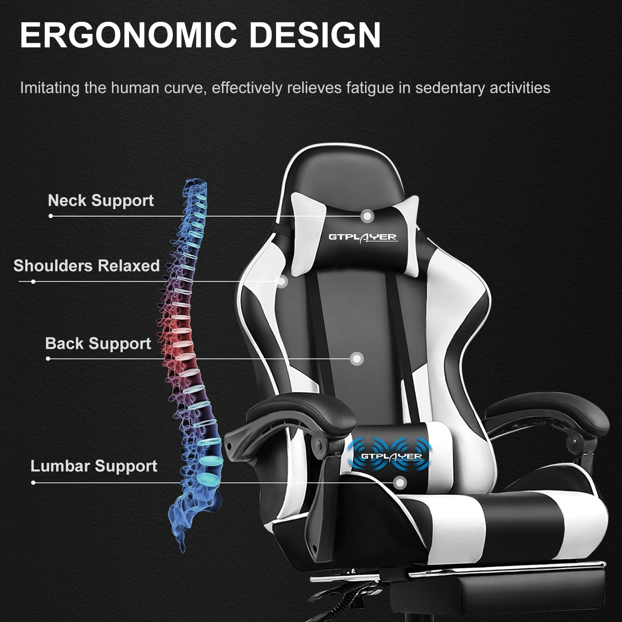 GTPLAYER Gaming Chair, Computer Chair with Footrest and Lumbar Support, Height Adjustable Game Chair with 360°-Swivel Seat and Headrest and for Office or Gaming (White) GTPLAYER