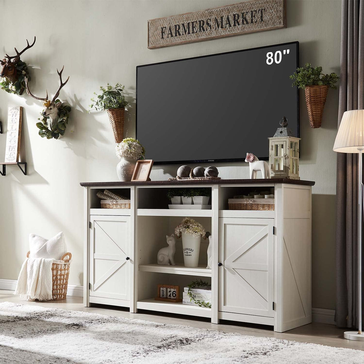 IFGET Farmhouse TV Stand for TVs Up to 80 inches, 39" Tall Highboy Entertainment Center w/Barn Door, Large Wood Rustic TV Console Cabinet w/Adjustable Shelves for Living Room, 70inch, White IFGET