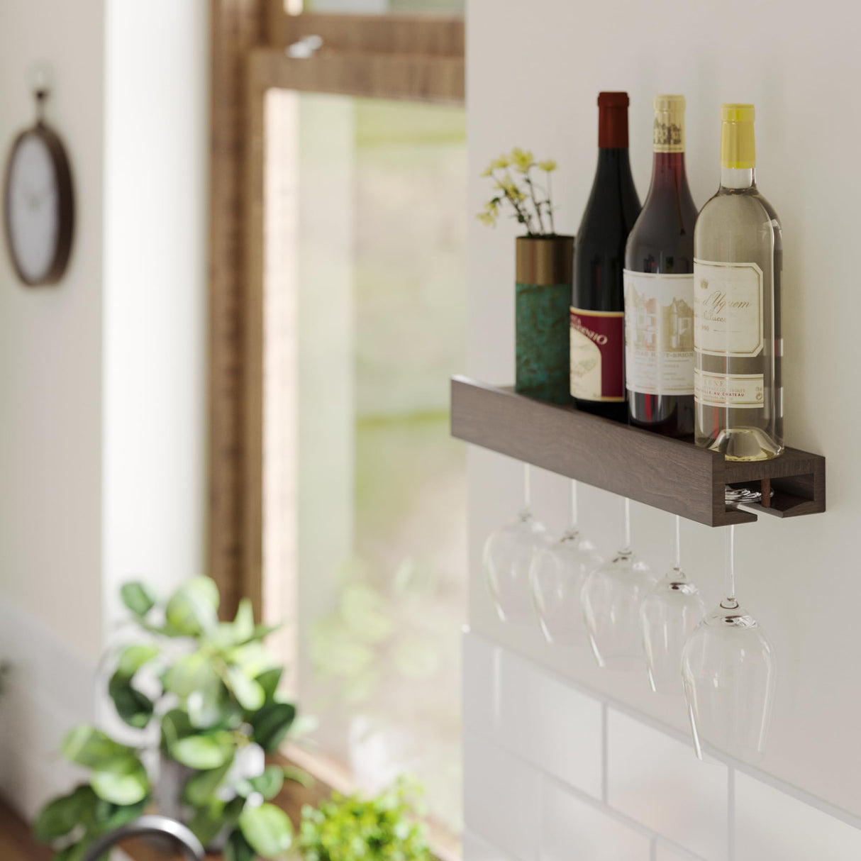 Rustic State Smith Wall Mounted Wood Floating Wine Bottle Rack with Glassware Holder Stemware Shelf Storage Organizer - Home, Kitchen, Dining Room Bar Décor - Walnut Rustic State