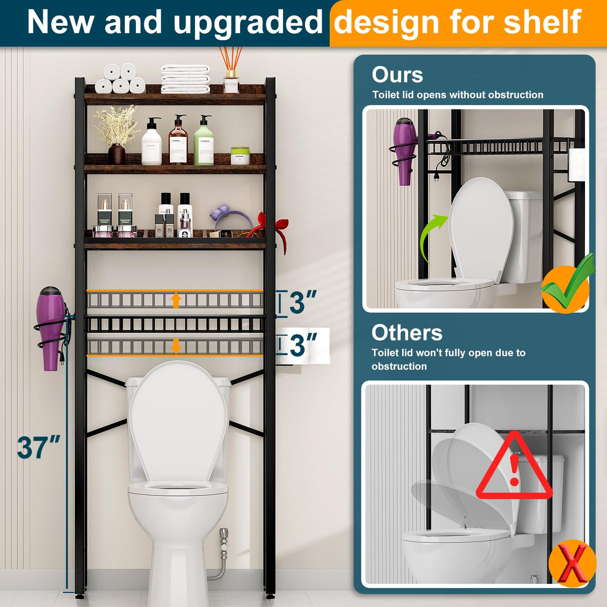 Over The Toilet Storage Cabinet,4 Tier Bathroom Organizers and Storage With Adjustable Shelf Waterproof Feet Pad and Basket ,Multifunctional Space Saver Freestanding Bathroom Shelves With Dividers Mlinavn