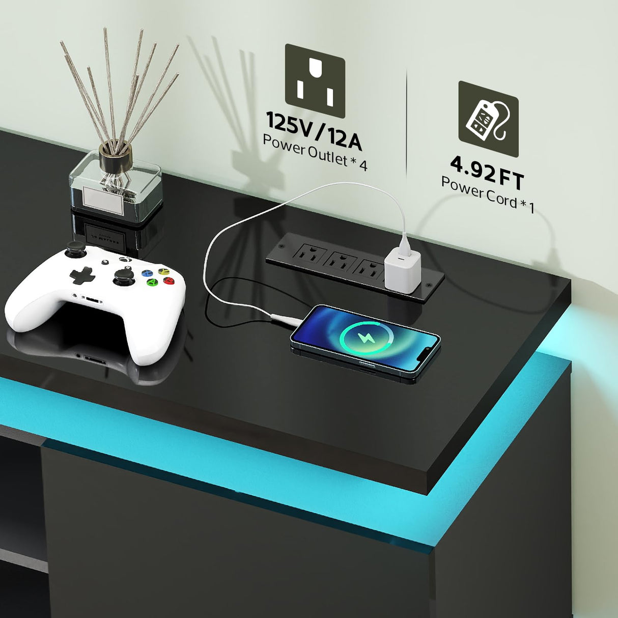 Lamtor 70 Inch TV-Stand - Television Stands for 75 80 85 Inch TV - 2 Tier Entertainment Center with 4 AC Outlets & 2 Smart RGB LED Light Strips - Media Console Table for Living Room, Pure Black Lamtor