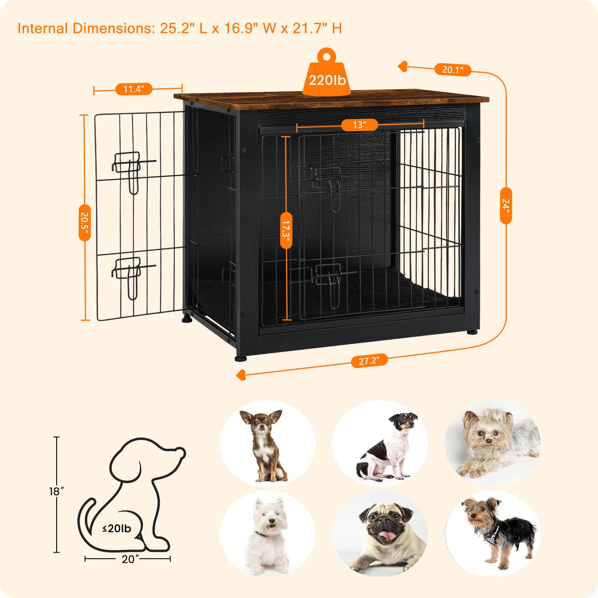 DWANTON Dog Crate Furniture with Cushion, Wooden Dog Crate with Double Doors, Dog Furniture, Dog Kennel Indoor for Small Dog,End Table, 27.2" L, Black+Rustic Brown Dwanton