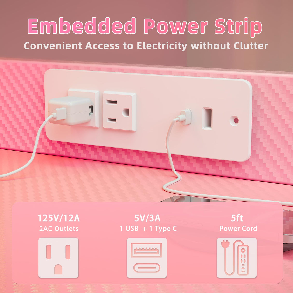 TIQLAB Gaming Desk 40 inch with Power Outlet and LED Light, Computer Desk with Reversible Shelves and Storage Drawer, Small PC Desk for Home Office Table with Bag, Carbon Fiber Pink TIQLAB