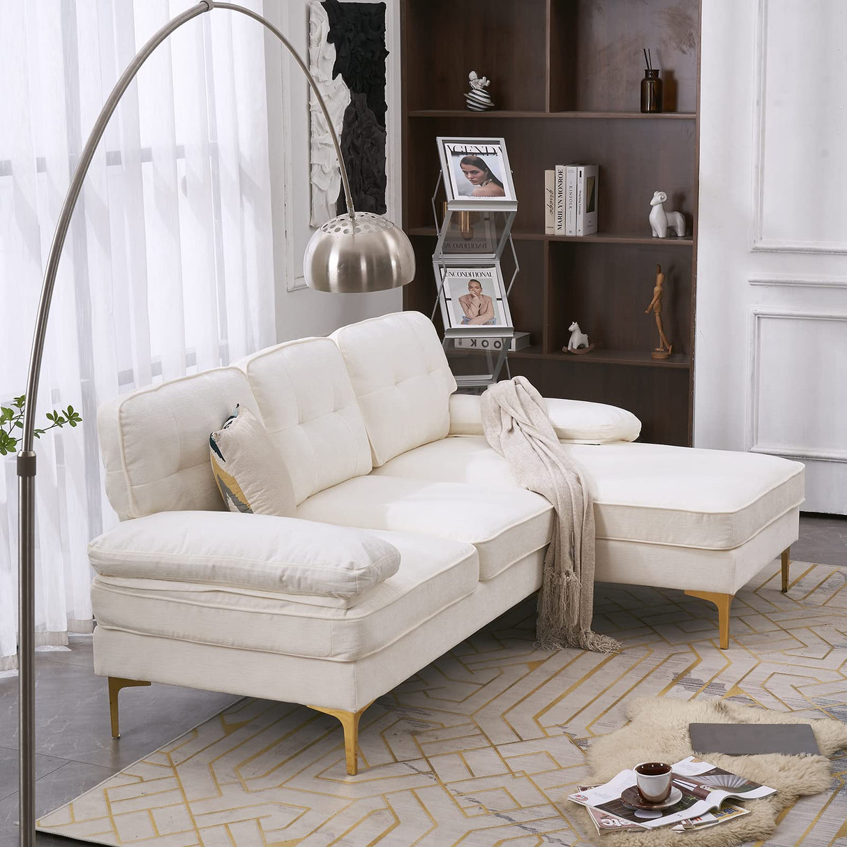 Karl home Sectional Sofa 83" L-Shape Sofa Couch 3-Seat Couch with Chaise ChenilleFabric Upholstered for Living Room, Apartment, Office, Creamy-White Karl home