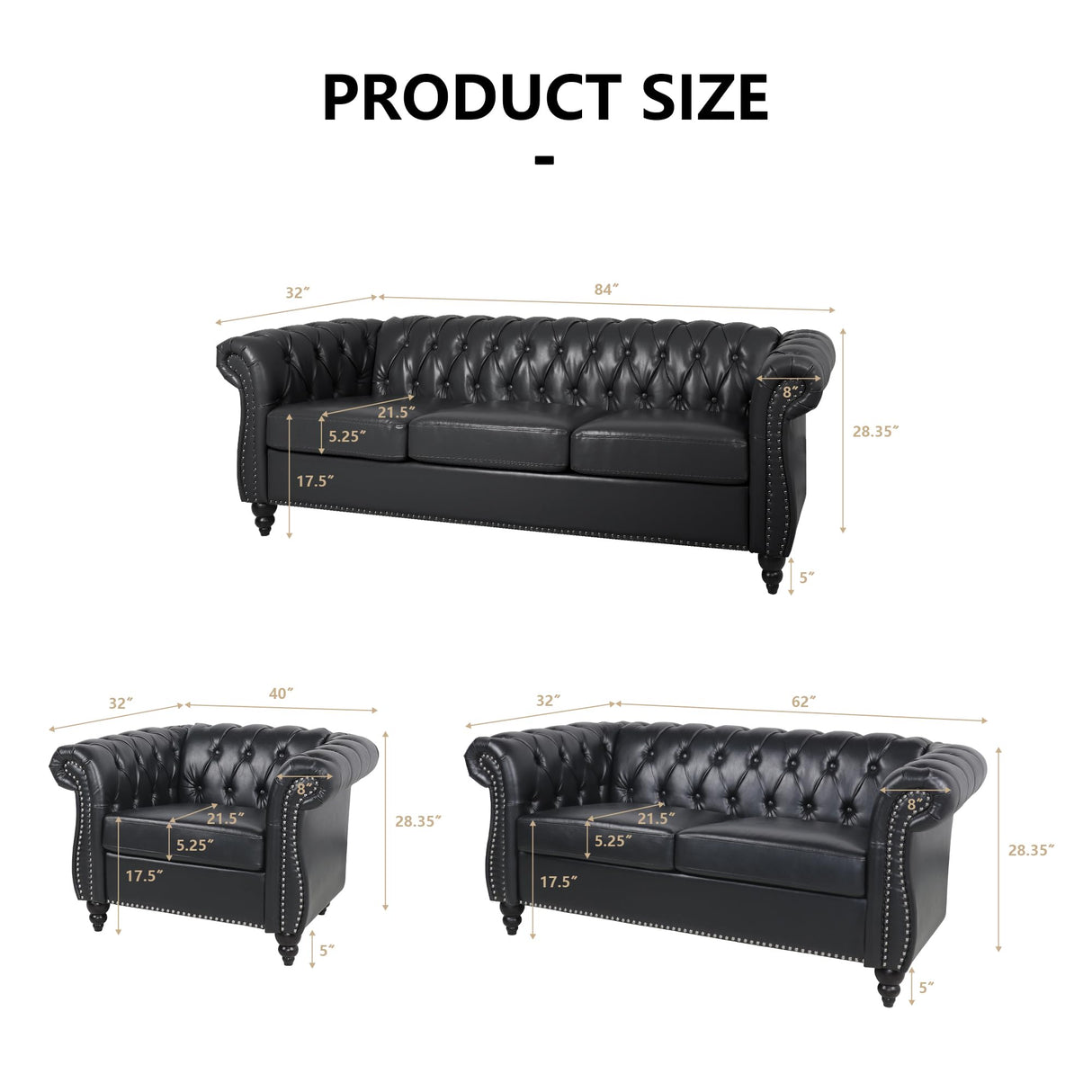 AVZEAR Chesterfield Leather Sofa 3 Seater Couch, Mid-Century Large Sofa Roll Arm Classic Tufted Settee Modern PU Sofa with Channel Tufted Seat Back for Living Room, Office, Apartment, PU Black AVZEAR