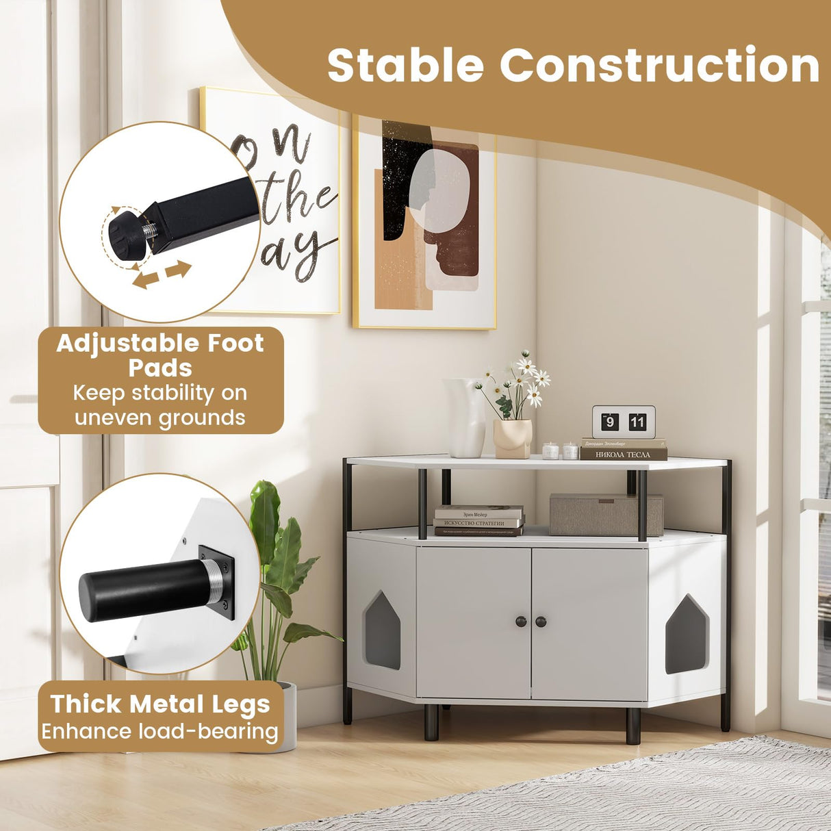 PETSITE Corner Cat Litter Box Enclosure, Litter Box Corner Cabinet with 2 Entrances, Open Shelf, and Double Doors, Industrial/Modern Style Hidden Litter Box Furniture for Cat Kitty (White) PETSITE