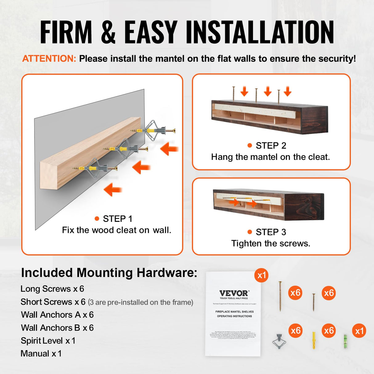 VEVOR Fireplace Mantel, 72" x 8" x 5", 50 lbs Weight Capacity, Natural Wood Mantel for Over Fireplace, Wall Mounted Floating Farmhouse Shelf, Handcrafted Fireplace Mantel for Wall Decor, Rustic Brown VEVOR