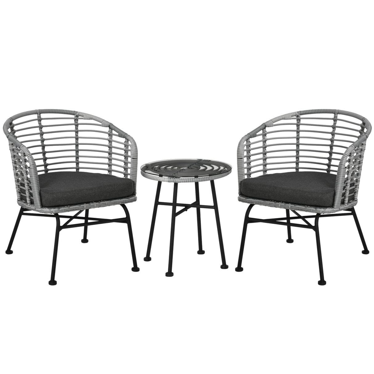 Outsunny 3 Piece Patio Bistro Set, PE Rattan Outdoor Furniture with Cushioned Barrel Chairs & Glass Coffee Table, Conversation Set for Porch, Backyard, Apartment, Balcony, Mixed Gray Outsunny