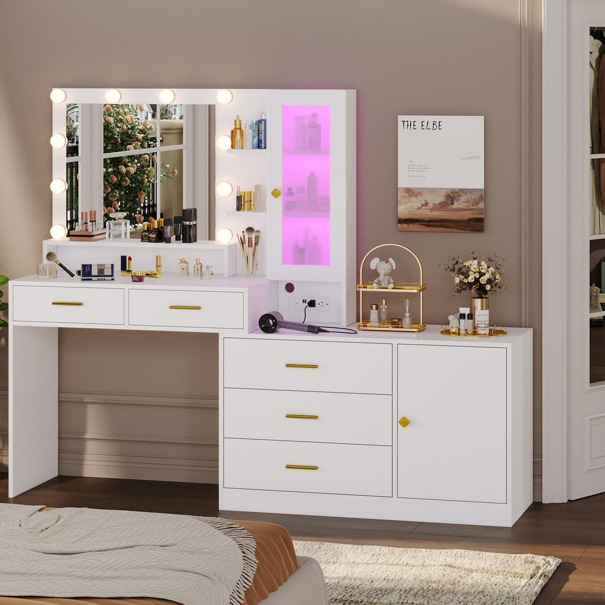 HAUOMS White Makeup Vanity with Lights Vanity Desk with Mirror, Large Vanity Table Set with Drawer Dresser, Charging Station & RGB Cabinets, Makeup Table with 5 Drawers and Storage Shelves, White HAUOMS