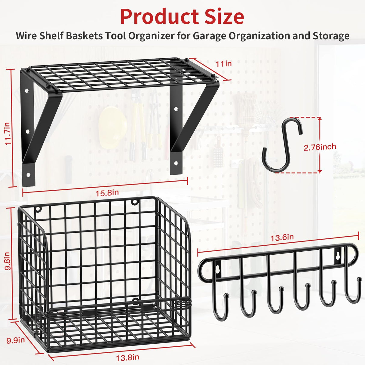 TomCare 3 Pack Garage Shelving Heavy Duty Garage Storage Shelves with Wire Baskets Laundry Room Shelves Wall Mounted Shelves with Hooks Tool Organizer for Shed Garden Kitchen Organization and Storage TomCare