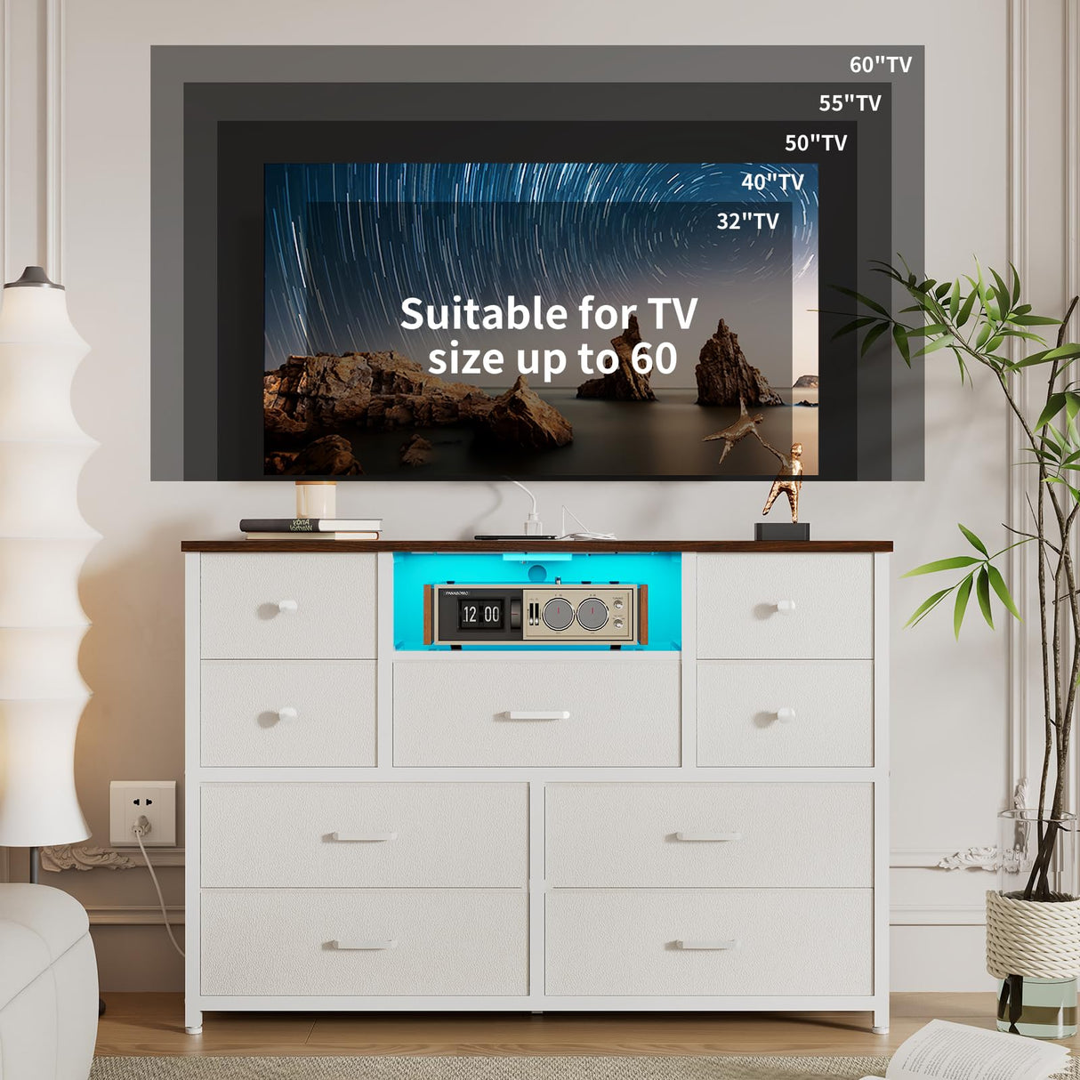 Dresser for Bedroom with 9 Drawers, White Storage Organizer TV Stand for 55" TV with LED Lights and Sockets, Fabric Chest of Drawers with PU Finish for Kid Room, Entryway, Living Room, Hallway LIWEIJIA