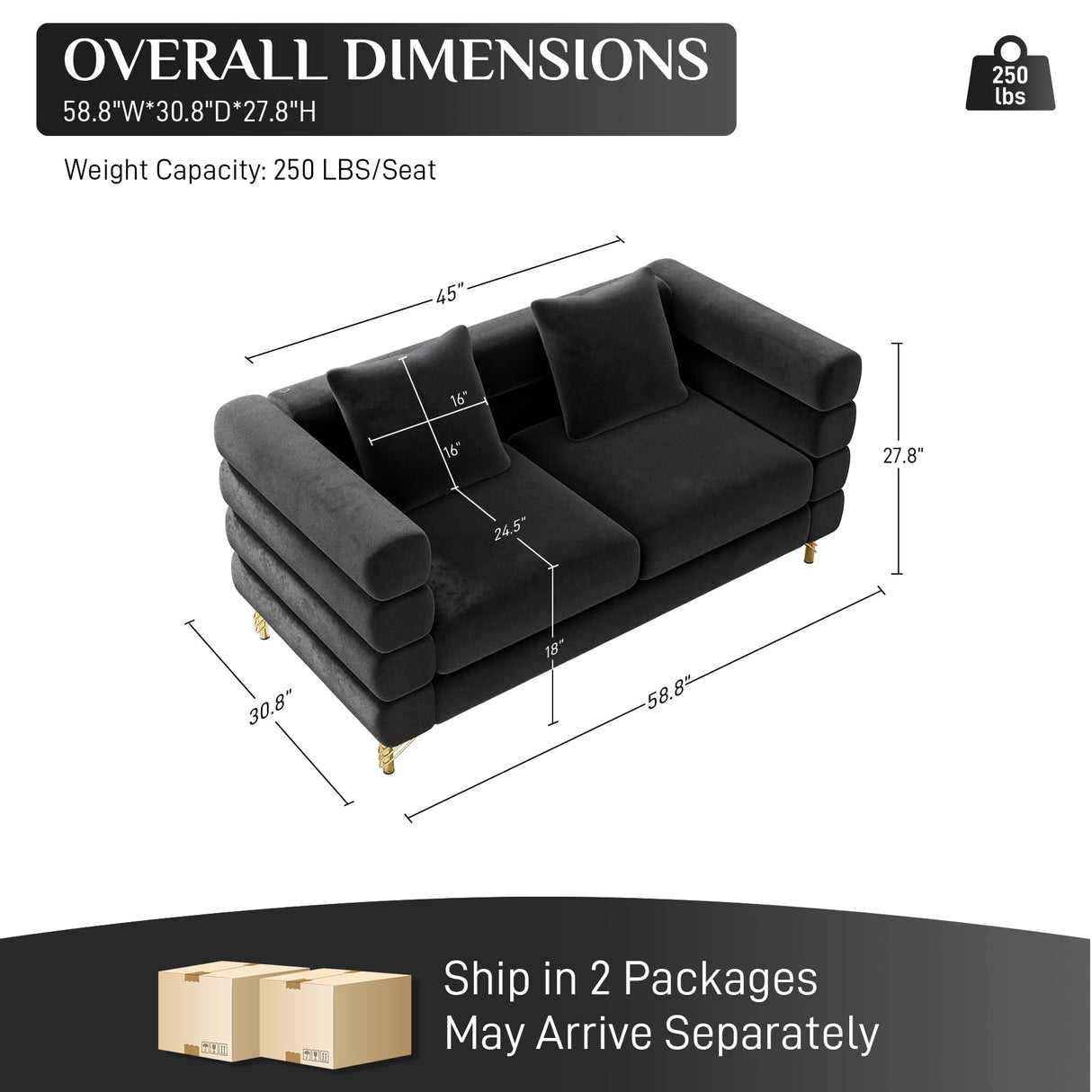 OUYESSIR Cloud Sofa Couch for Living Room, 59" Comfy Deep Seat Velvet Loveseat Sofa with 2 Pillows and Gold Legs, Modern Upholstered 2 Seater Love Seat for Bedroom Office, Dark Black Velvet OUYESSIR