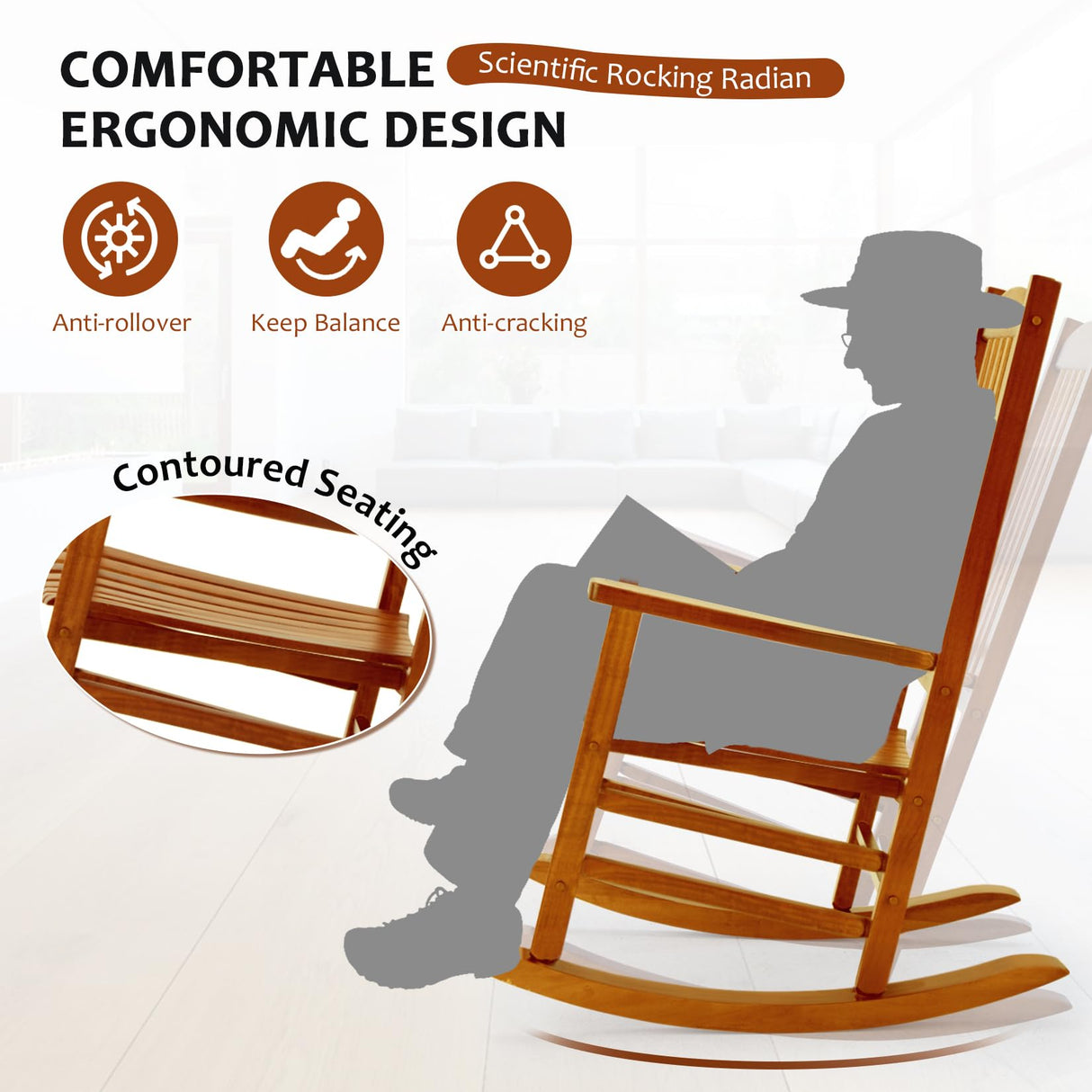 Hupmad Wooden Rocking Chair Rocker Outdoor Oversized Porch Rocker Chair,Patio Wooden Rocker with Armrest,All Weather Rocker Slatted for Backyard,Garden,400 lbs Support,Natural Hupmad