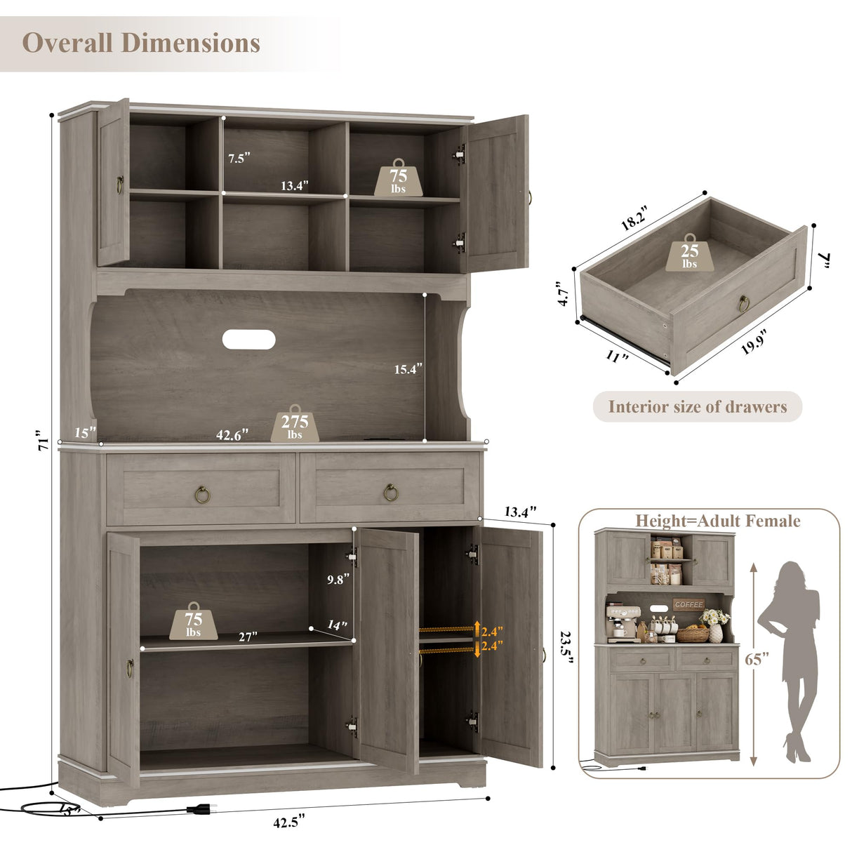 HOSTACK 71" Tall Pantry Cabinet with Power Outlets, Kitchen Pantry Storage Cabinet with Microwave Stand, Farmhouse Kitchen Hutch with Drawers, Food Pantry Large Cupboard for Dining Room, Ash Grey HOSTACK