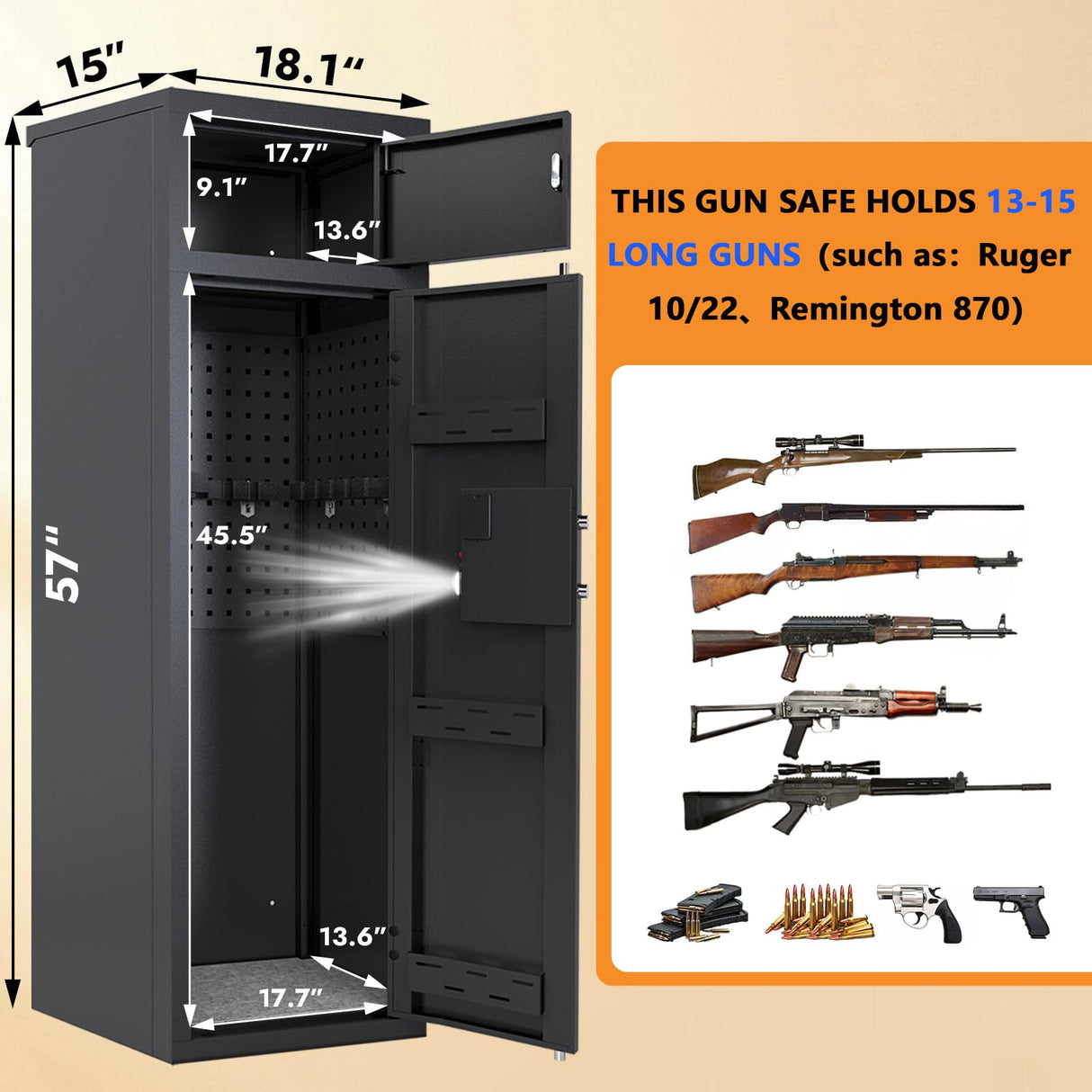 KAER 13-15 Gun Safe,Gun Safe for Rifles and Pistols,Double Layer Electronic Gun Cabinet,Gun Safes for Rifles Adjustable Gun Racks,Rifle Safes for Home with Separate Lockbox KAER