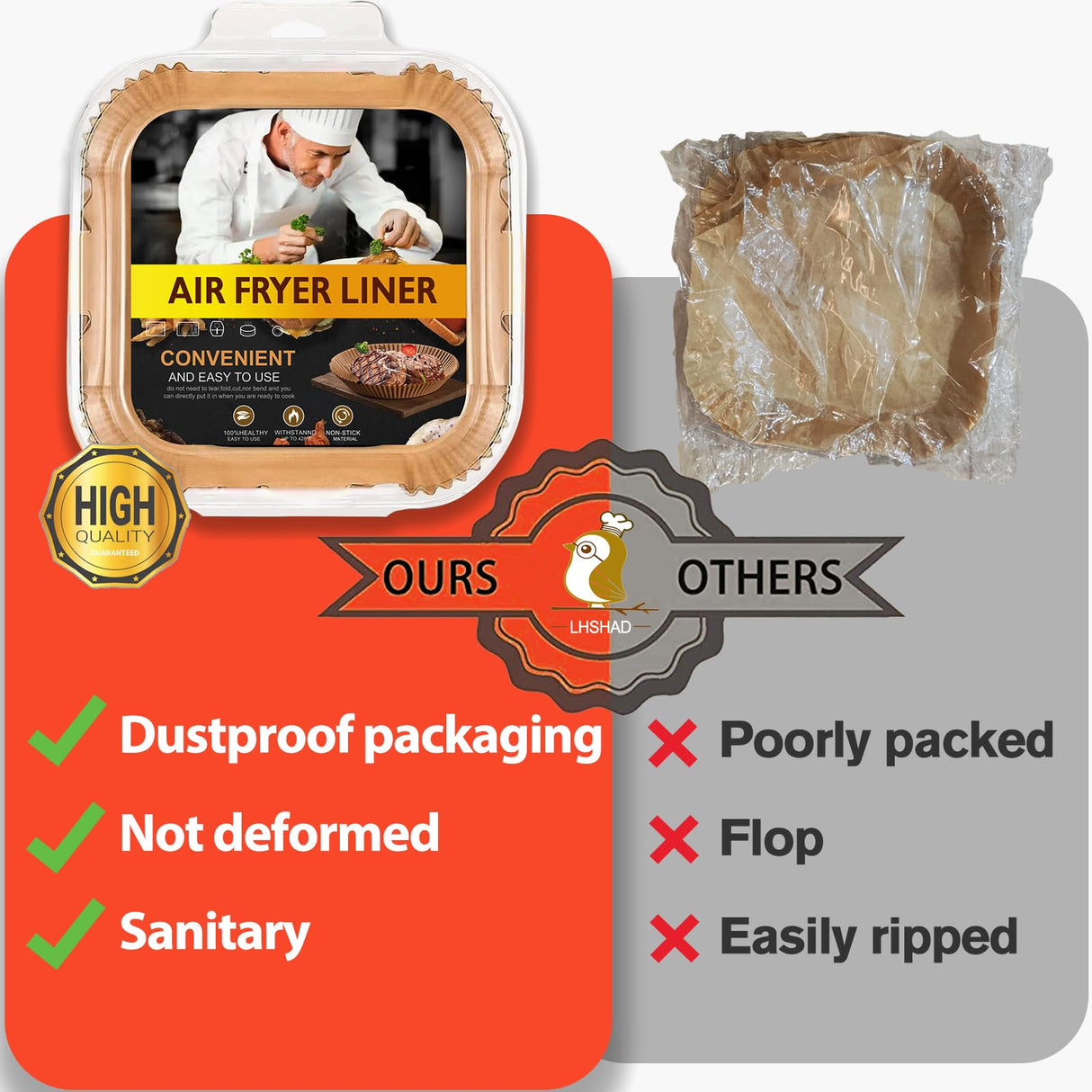 Air Fryer Liners Disposable Square 9 Inch, 125 Pcs Large Square Air Fryer Paper Liners for 6-10QT Air fryer, Non-stick Parchment Paper for Frying, Baking, Cooking, Roasting and Microwave LHSHAD