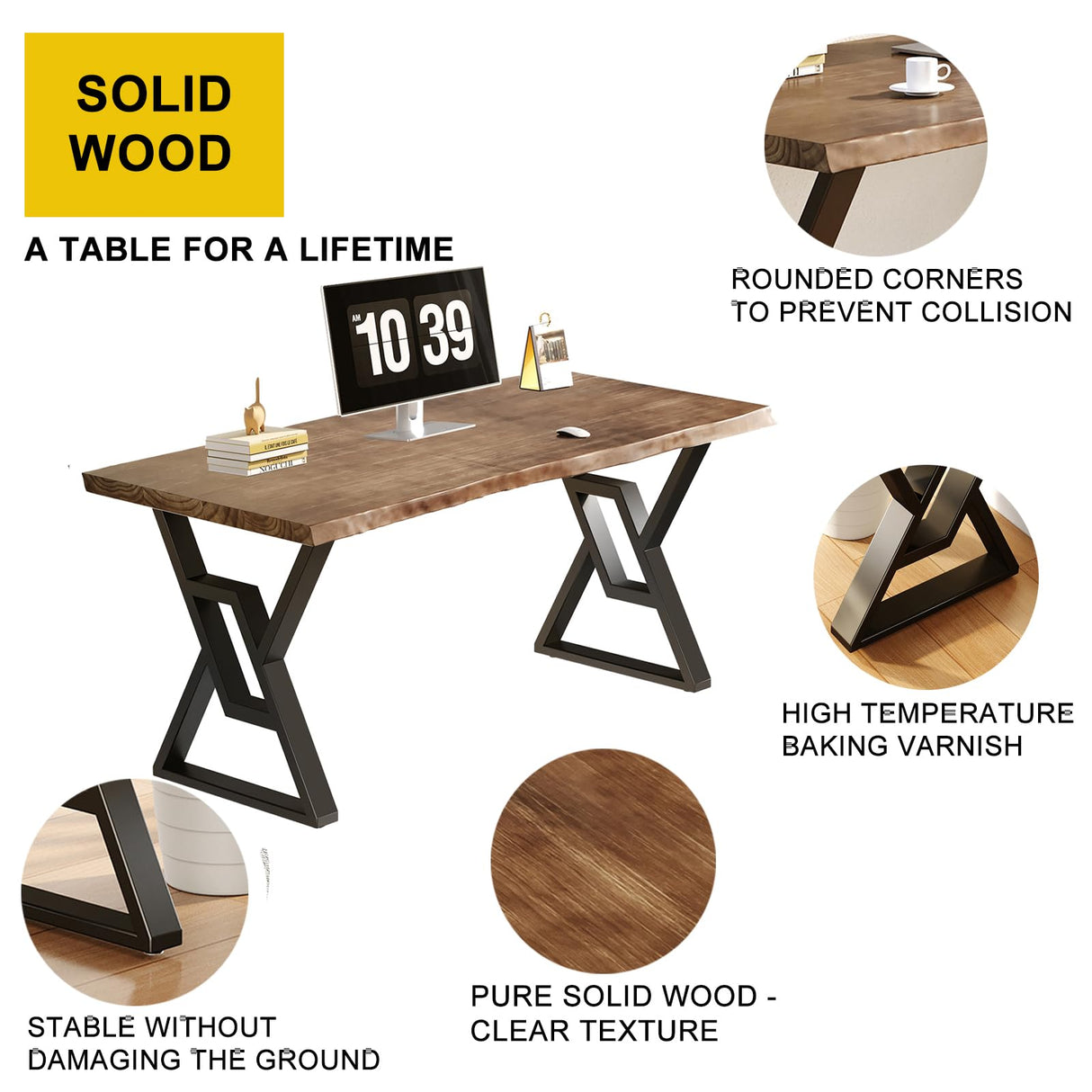 Sihtengxxhongs Rustic Brown 55-inch Solid Wood Computer Desk - Modern Gaming Workbench for Home Office, Modern Simple Design, Ideal for Study, Writing, Dining Sihtengxxhongs