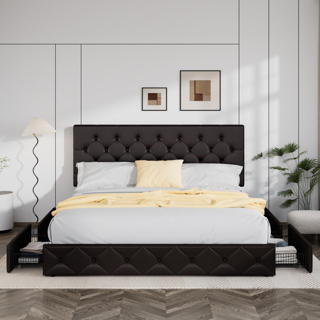 Allewie Upholstered King Size Platform Bed Frame with 4 Storage Drawers and Headboard, Diamond Stitched Button Tufted, Mattress Foundation with Wooden Slats Support, Black Brown Allewie