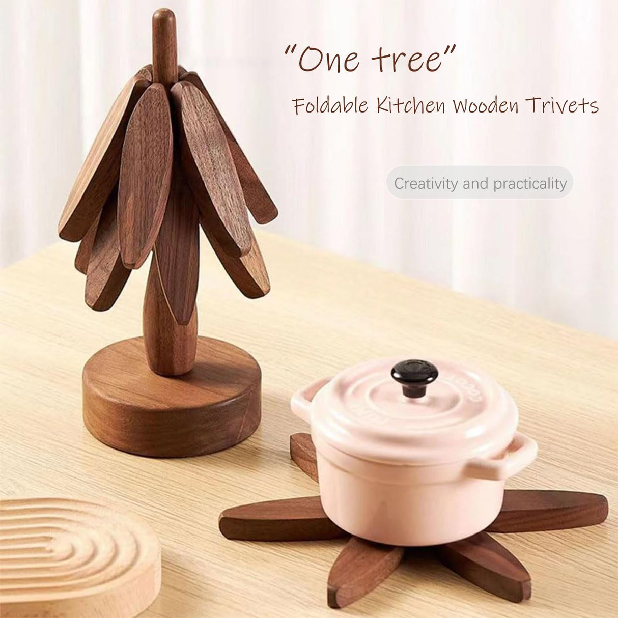 Wooden Trivets for Hot Dishes, Tree Shape Trivet Set, Foldable Kitchen Wooden Trivets, Tree Coaster for Hot Dishes、Pot、Bowl、teapot、hot Pot Holders (4 Piece-Walnut) SSFUN