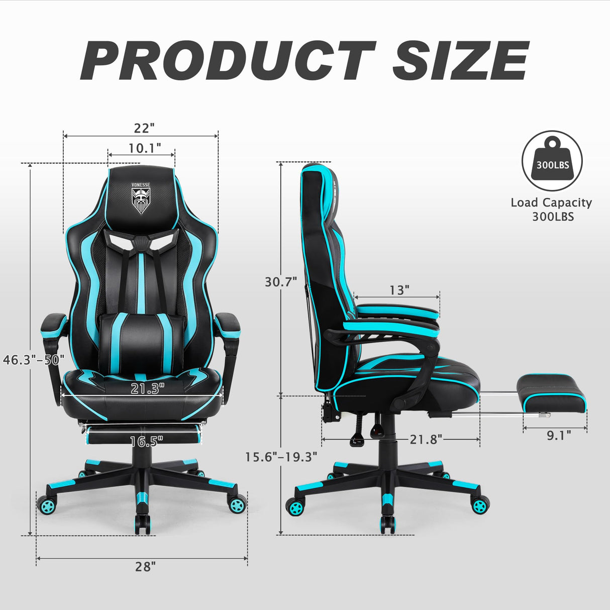 Vonesse Gaming Chair for Adults Gaming Chairs with Footrest Reclining Computer Gaming Chair for Heavy People Gamer Chair Big and Tall Ergonomic Game Chair Racing Chair with Lumbar Pillow(Teal/Cyan) Vonesse