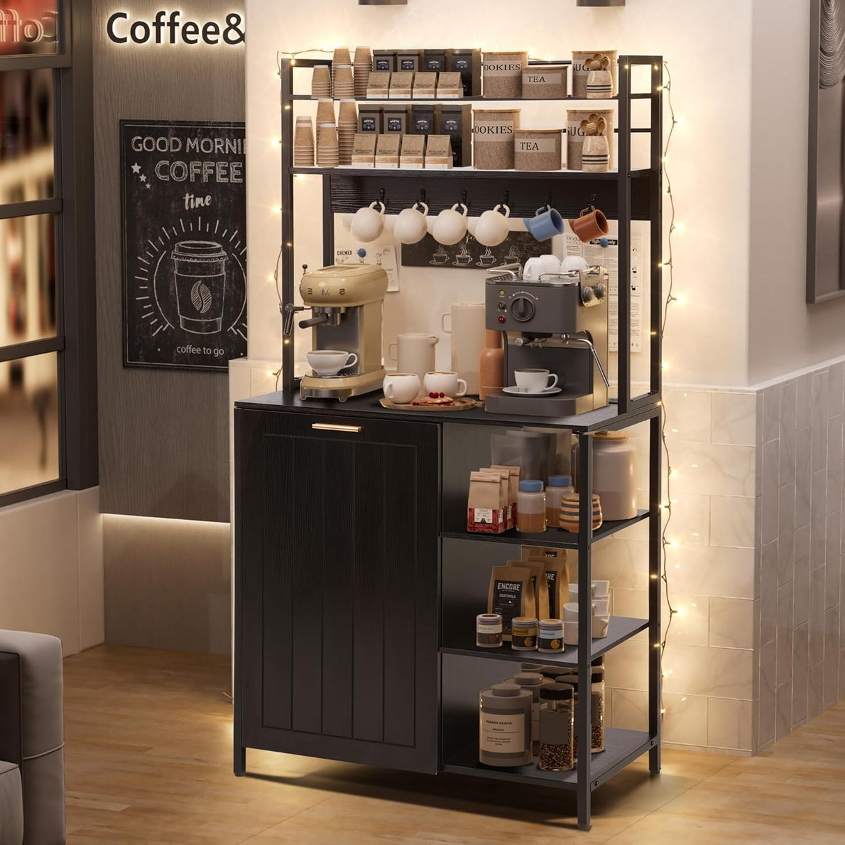 MAGIC UNION Bakers Racks Kitchen Microwave Stand Cabinet with 10 Gallon Trash Can Bin Cabinet and Power Outlet, 6-Tiers Farmhouse Coffee Bar Table Station with 6 Hooks and Storage Shelf, Black (Black) MAGIC UNION