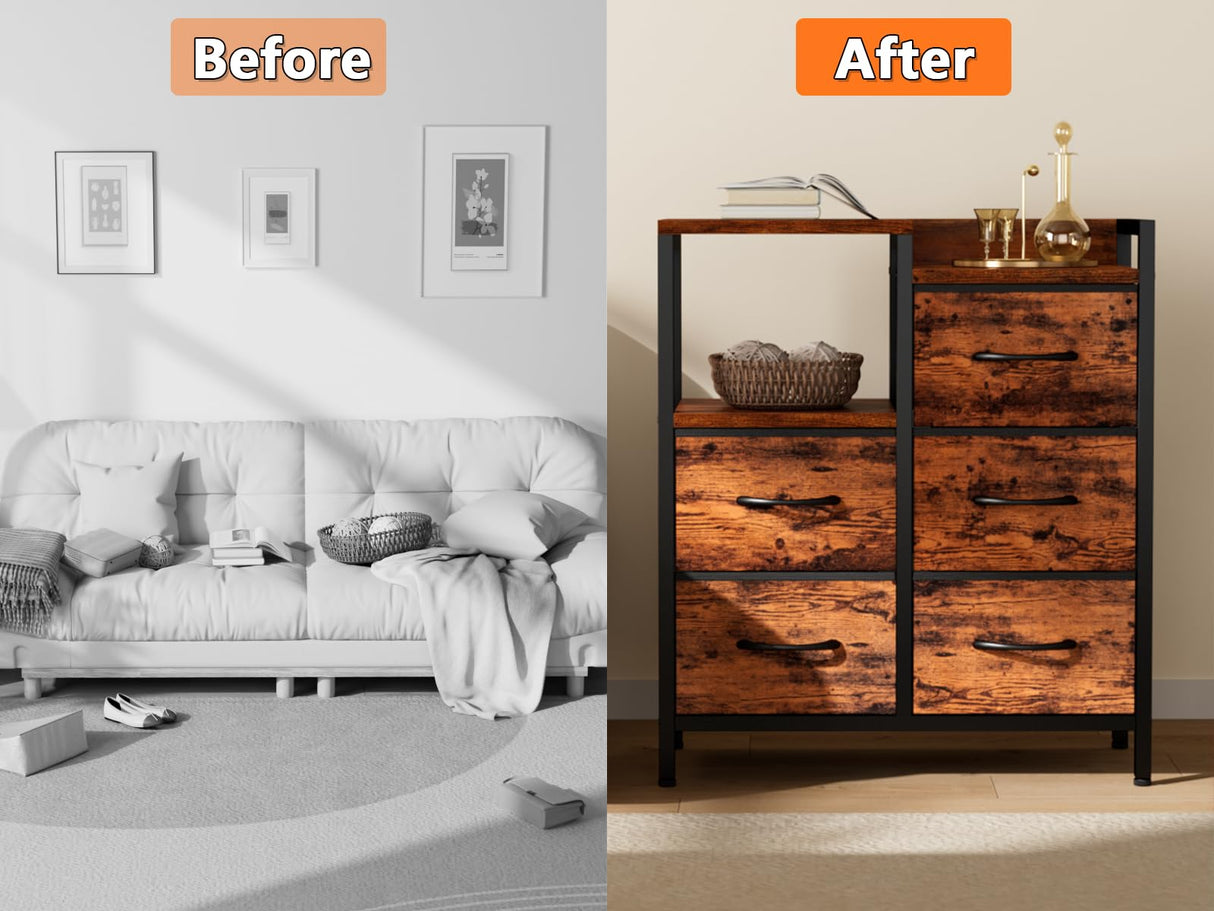 Furnulem 5 Drawer Rustic Brown Dressers for Bedroom 2 Tier Shelf Storage Small Fabric Dresser for Closet Sturdy Metal Frame Modern Style Storage Cabinets Organization Units for Hallway Rooms Furnulem