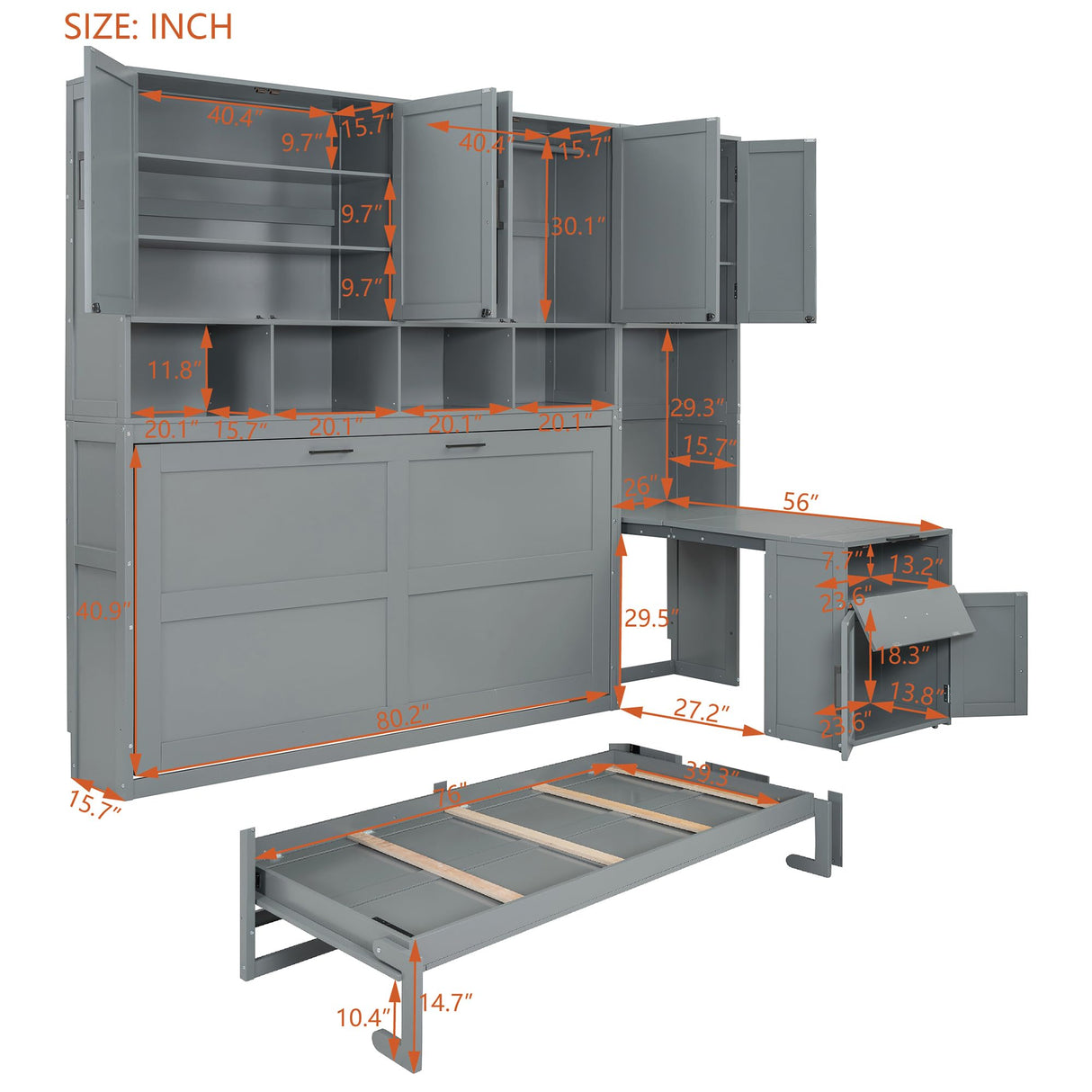 Harper & Bright Designs Twin Size Murphy Bed, Wooden Twin Wall Bed Frame with Closet, Drawers & Desk, Gray Harper & Bright Designs