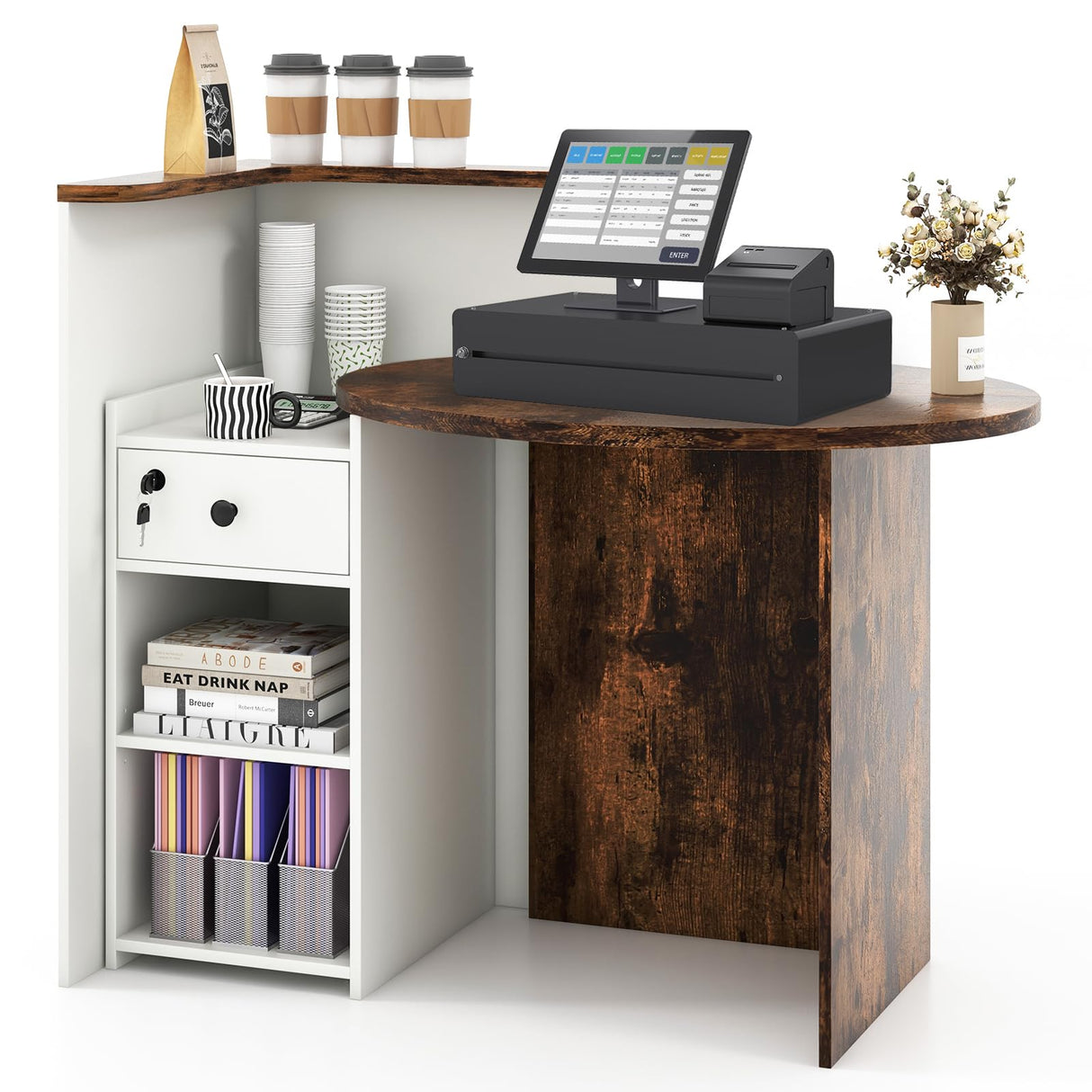 Giantex Reception Desk, Front Counter Desk with Lockable Drawer, Checkout Table with Round Tabletop, Corner Shelf & Adjustable Shelf for Office Beauty Salon Retail Store (White & Brown) Giantex