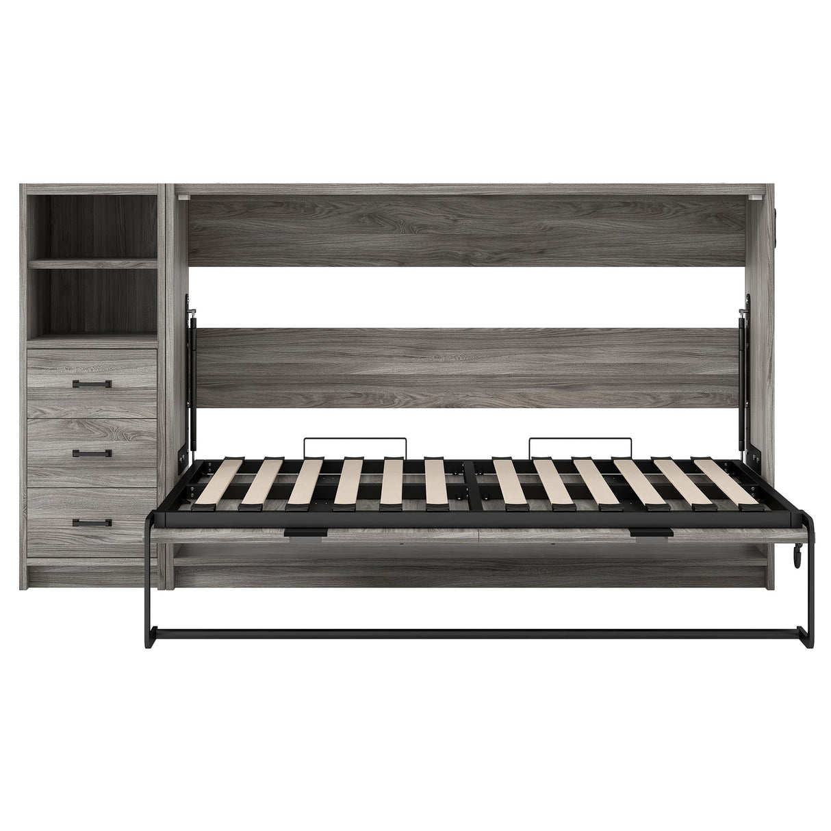 RUNNA Twin Size Murphy Bed with Drawers and LED Light, can be Folded into a Cabinet,Sturdy Solid Wood Bed Frame, Suitable for bedrooms or Offices with Limited Space,Gray RUNNA