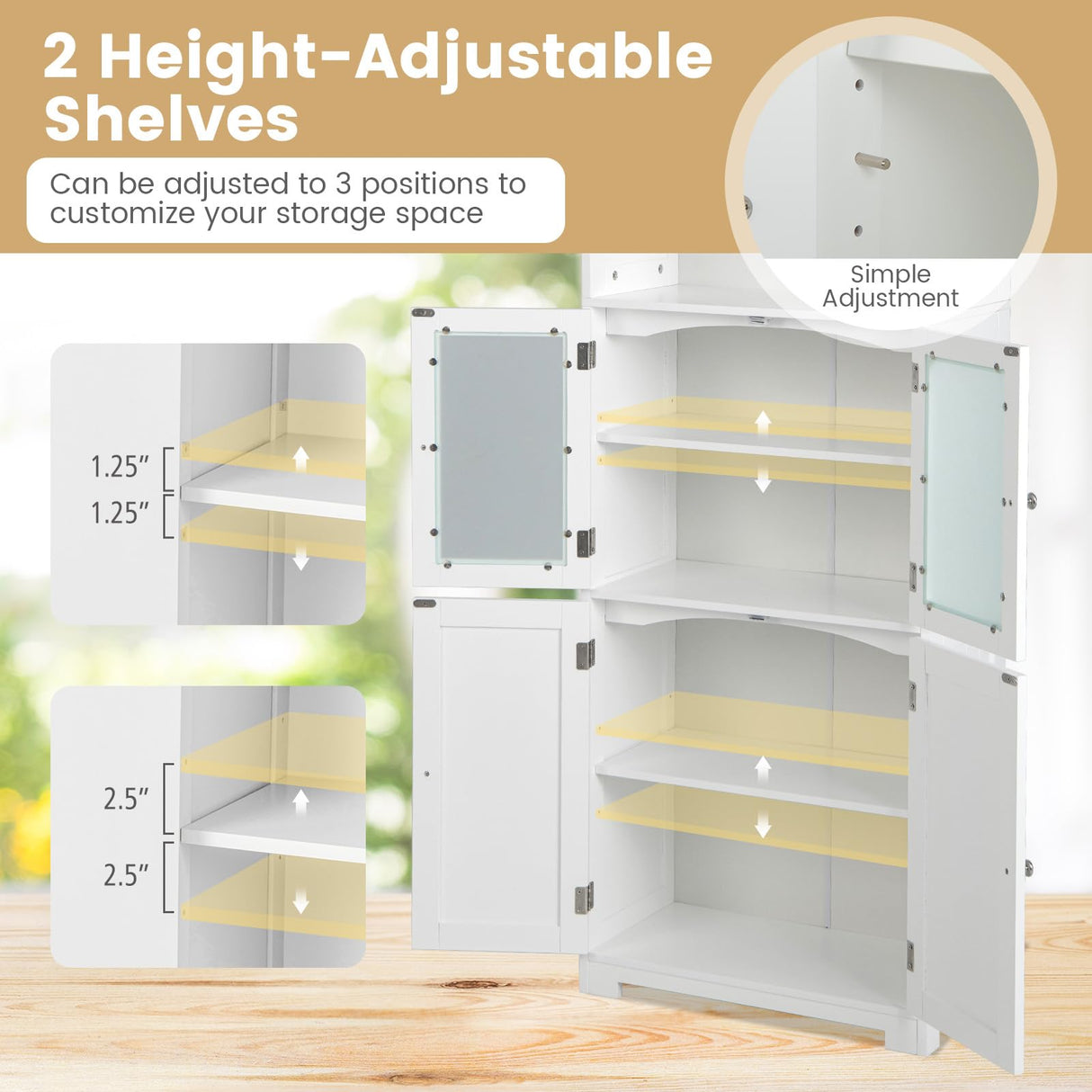 COSTWAY 64” Tall Freestanding Bathroom Storage Cabinet with Glass Doors and Adjustable Shelves in White COSTWAY