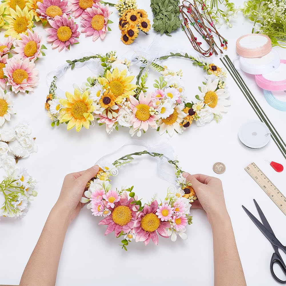 ACRNIGHEET 4PCS DIY Sunflower Crown Making Kit, Sunflower Crown Kit, DIY Flower Crowns for Women, Flowers, Vines and Leaves Sets for Brides Bridesmaids' Headwear in Weddings or Holiday Decorations ACRNIGHEET
