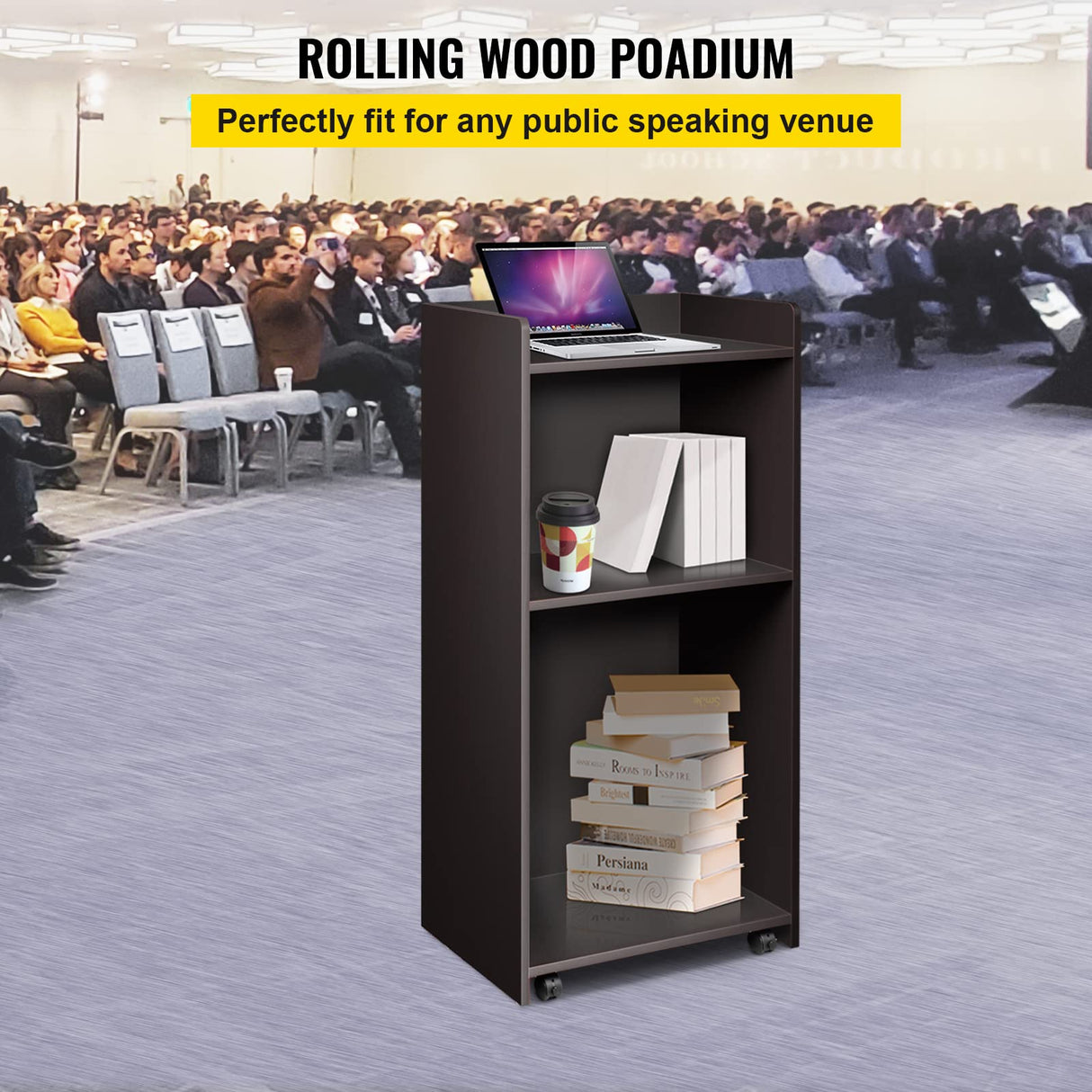 VEVOR Wood Podium, 23.6" x 47.2", Lecterns and Podiums with 4 Rolling Wheels, Flat Surface, Baffle Plate & Shelf, Easy Assembly Ebony Lecterns for Church, Office, School, Home Black VEVOR
