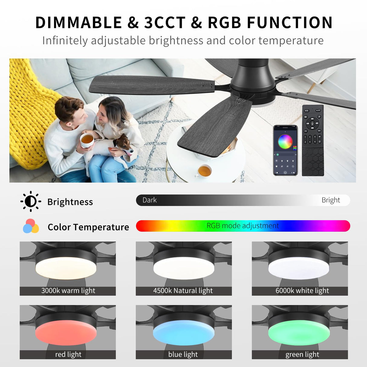 FUMLTP 54inch Ceiling fans with Lights, Low Profile RGB Ceiling fan with Light and Remote/App Control, Dimmable, DC Reversible Motor, Noiseless, 6 Speeds, Black Ceiling Fan For Bedroom Indoor Outdoor FUMLTP