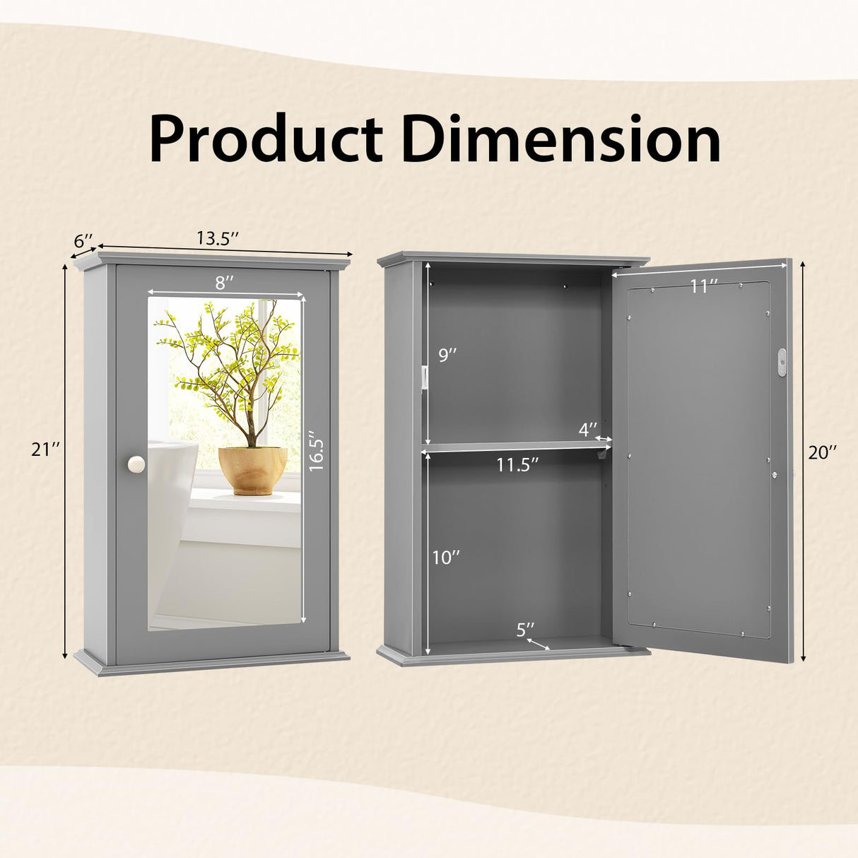 Tangkula Bathroom Medicine Cabinet with Mirror, Wall Mounted Single Mirror Door Storage Cabinet w/Adjustable Shelf, Wall Cabinet w/Reversible Door for Bathroom Living Room Hallway (Grey) Tangkula