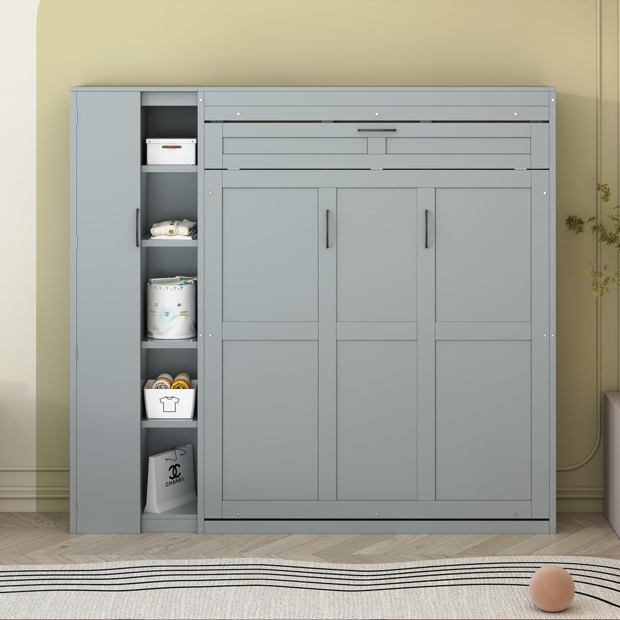 Merax Full Size Murphy Bed Wall Bed with Shelves, Drawers and LED Lights,Gray Merax