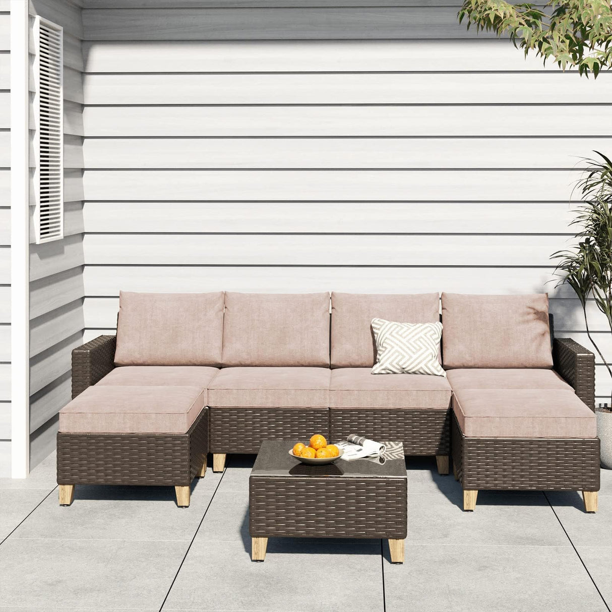 Grand patio Sofa Sets Outdoor Furniture Sets, Wicker Patio Furniture 7-Piece Sectional Sofa with Thick Olefin Cushions for Yard Garden Porch for Six (Beige Sofa Set for Six, 7 PCS) Grand patio